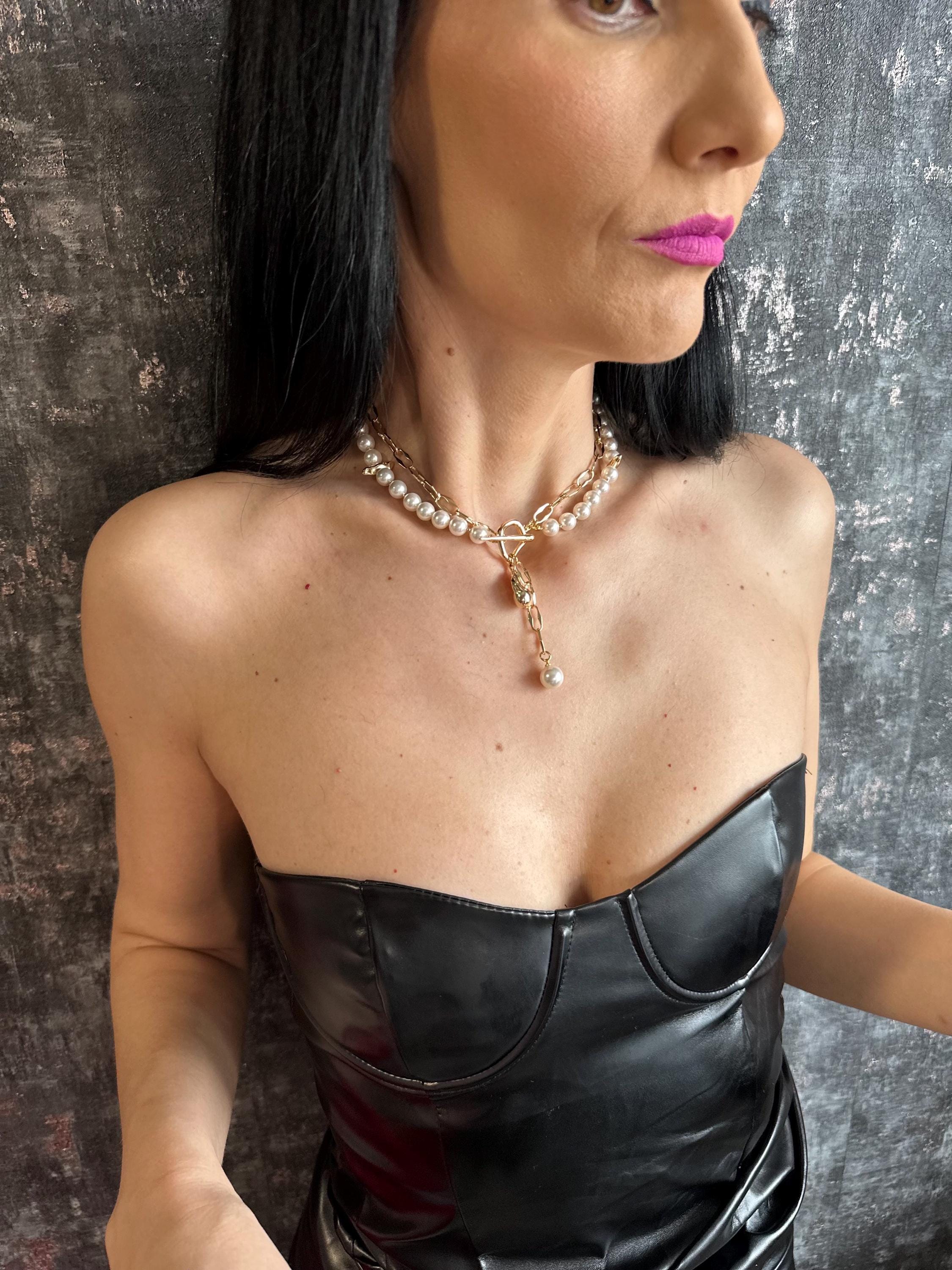 Pearl Lariat Necklace Gold Toggle Pearl Choker Necklace Handmade Pearl Chain Necklace Statement Layering Jewelry