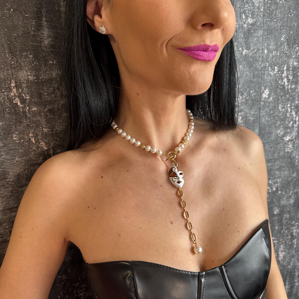 Pearl Choker Necklace with Gold Mask Charm Pendant Drop Dangle Chain Necklace Unique Jewellery Birthday Gift for Her