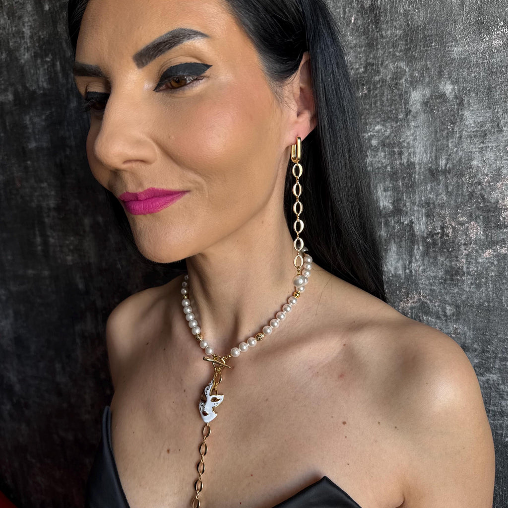 Unique Pearl Jewelry Set with Gold Mask Charm Y Chain Choker Necklace & Asymmetrical Statement Earrings