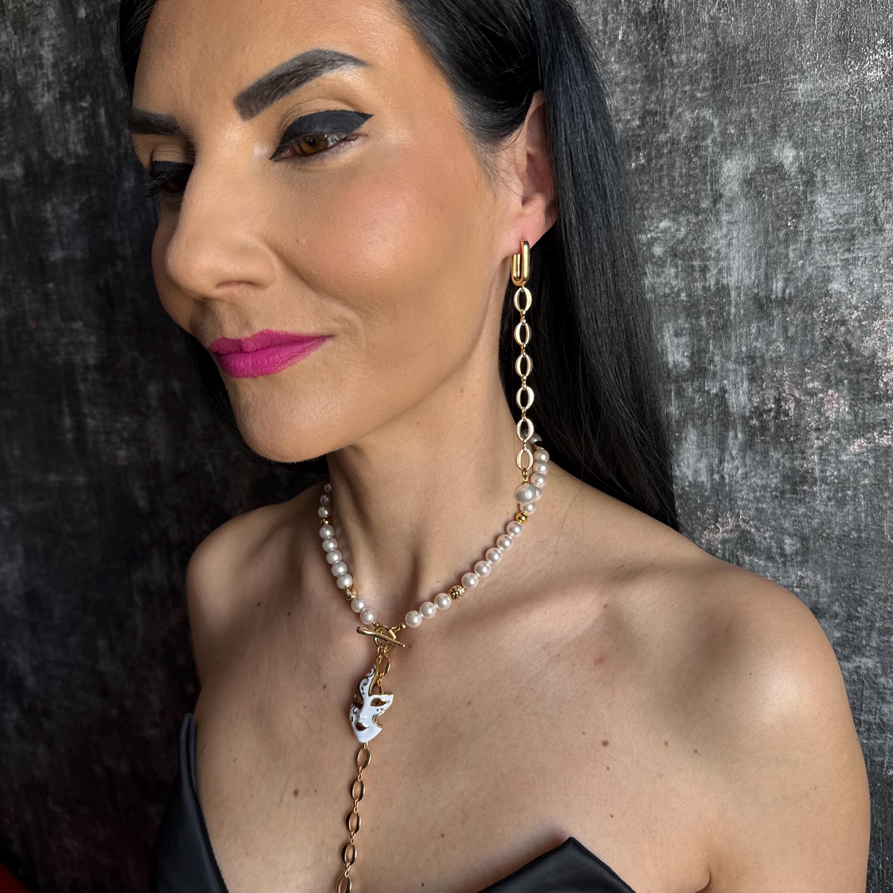 Unique Pearl Jewelry Set with Gold Mask Charm Y Chain Choker Necklace & Asymmetrical Statement Earrings