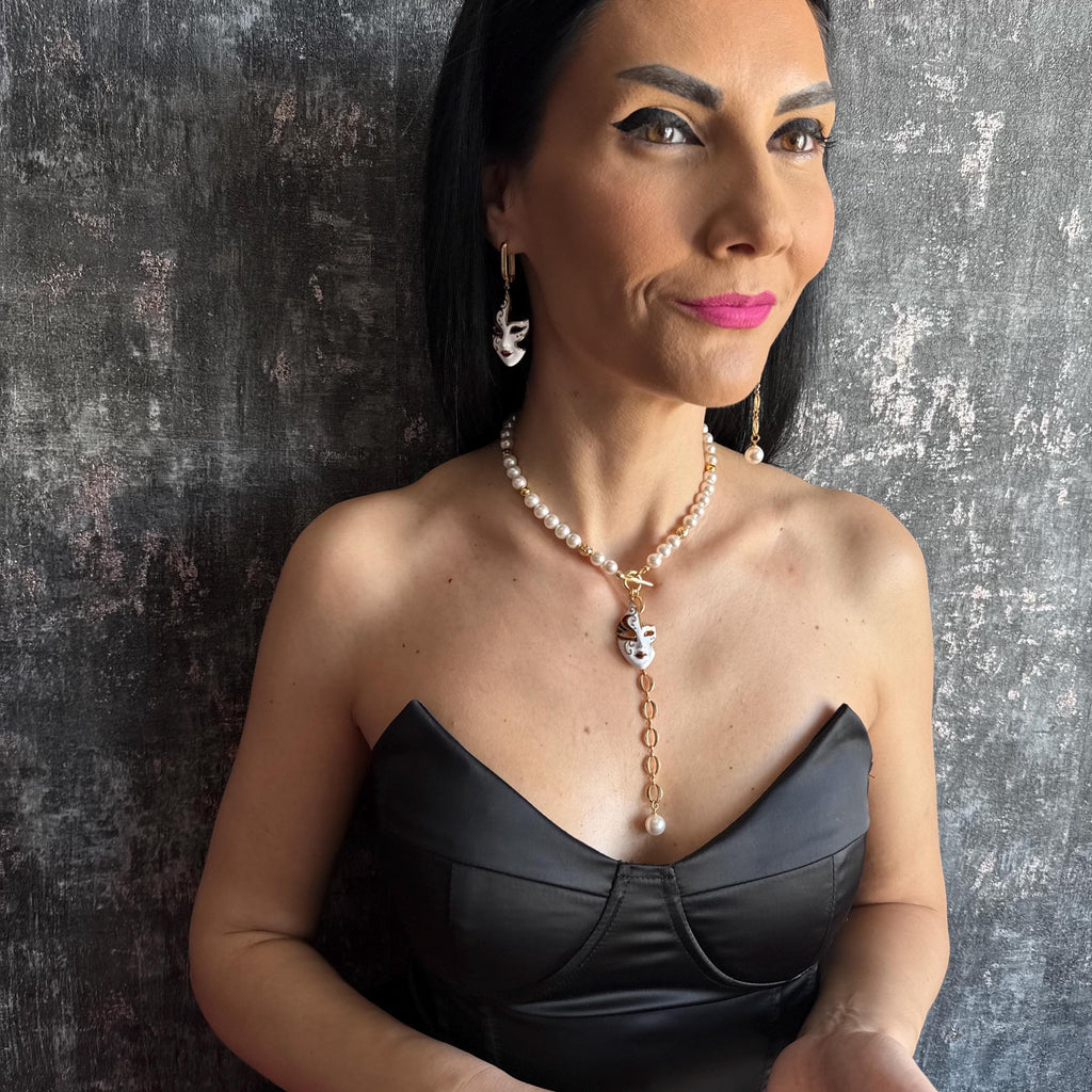 Unique Pearl Jewelry Set with Gold Mask Charm Y Chain Choker Necklace & Asymmetrical Statement Earrings
