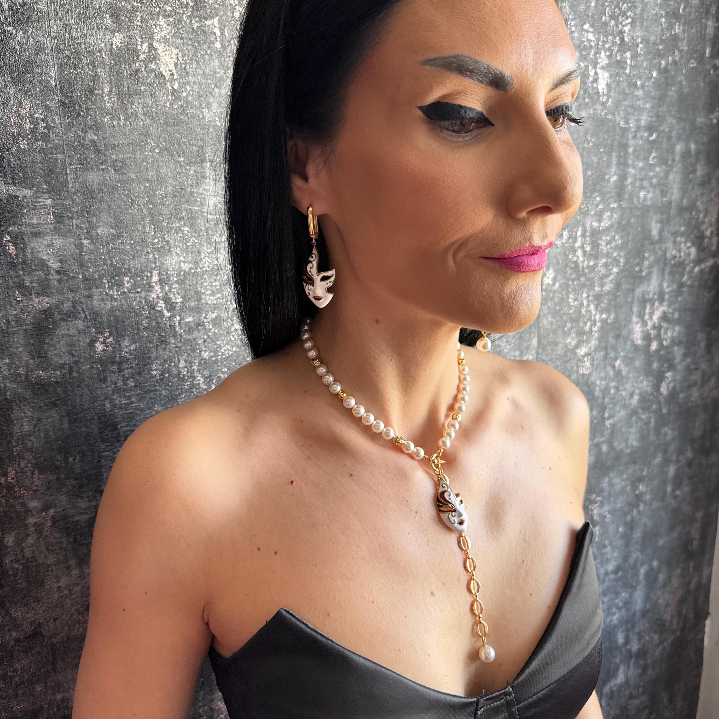 Unique Pearl Jewelry Set with Gold Mask Charm Y Chain Choker Necklace & Asymmetrical Statement Earrings