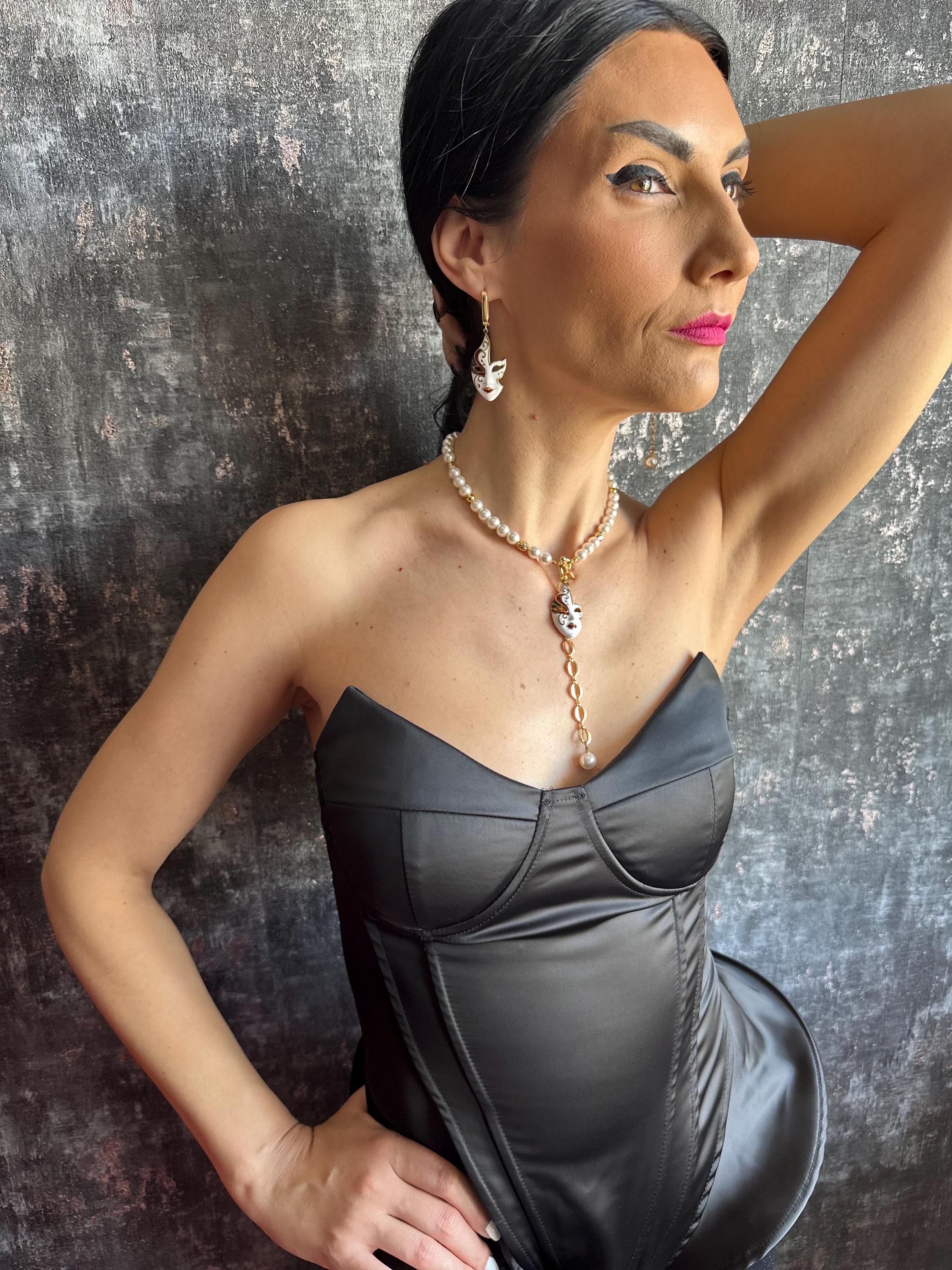Unique Pearl Jewelry Set with Gold Mask Charm Y Chain Choker Necklace & Asymmetrical Statement Earrings