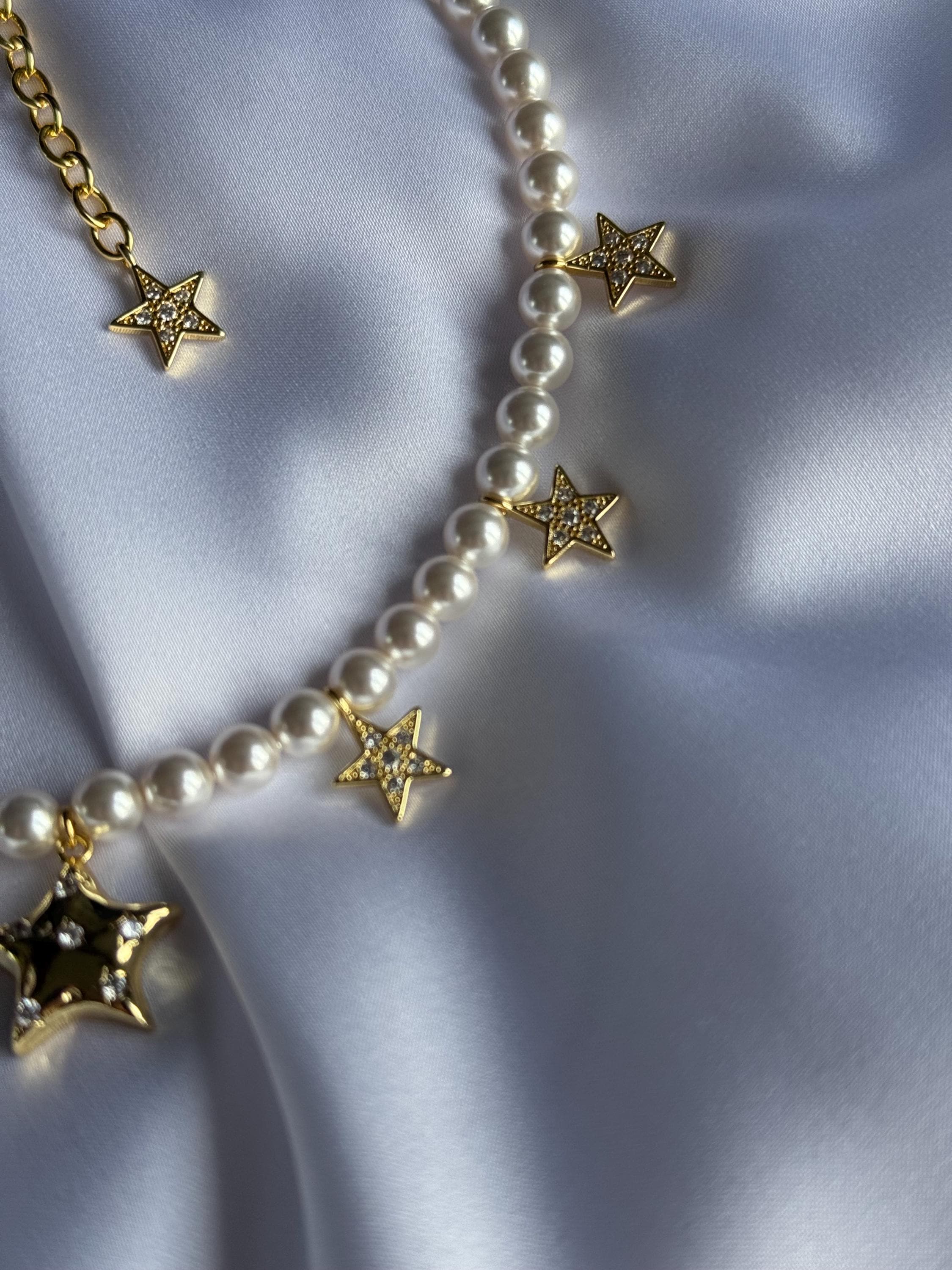 Handmade Gold Jewelry Pearl Star Choker Austrian Crystal Celestial Star Necklace Swarovski  Pearl Choker Design Handmade Gold Jewelry Austrian Crystal Elements Elegant Fashion Statement Trendy Celestial Theme Adjustable Length Options Wedding Accessory Special Occasion Piece High Quality Construction Dainty Celestial Star Necklace Swarovski  Pearl Choker