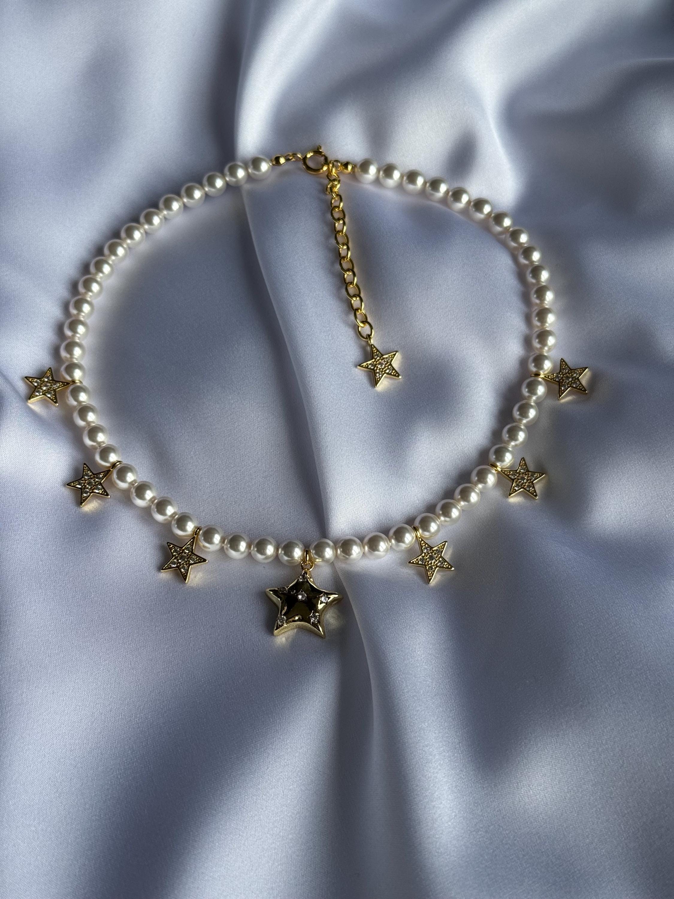 Pearl Star Necklace Gold Austian Crystal Pearl Choker Star Charm Necklace Celestial Jewelry Bridal Necklace Gift for Her Shiny Zirconia Star