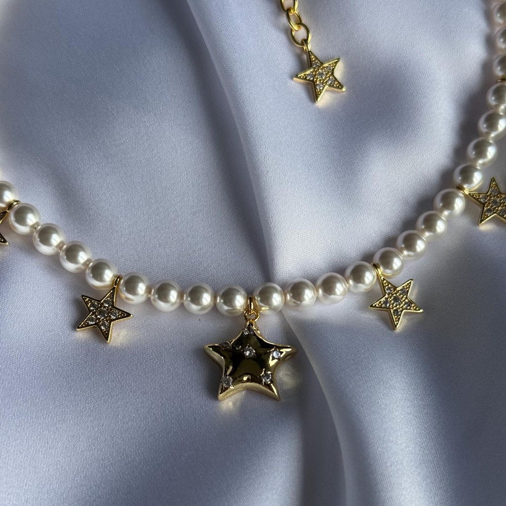 Handmade Gold Jewelry Pearl Star Choker Austrian Crystal Celestial Star Necklace Swarovski  Pearl Choker Design Handmade Gold Jewelry Austrian Crystal Elements Elegant Fashion Statement Trendy Celestial Theme Adjustable Length Options Wedding Accessory Special Occasion Piece High Quality Construction Dainty Celestial Star Necklace Swarovski  Pearl Choker