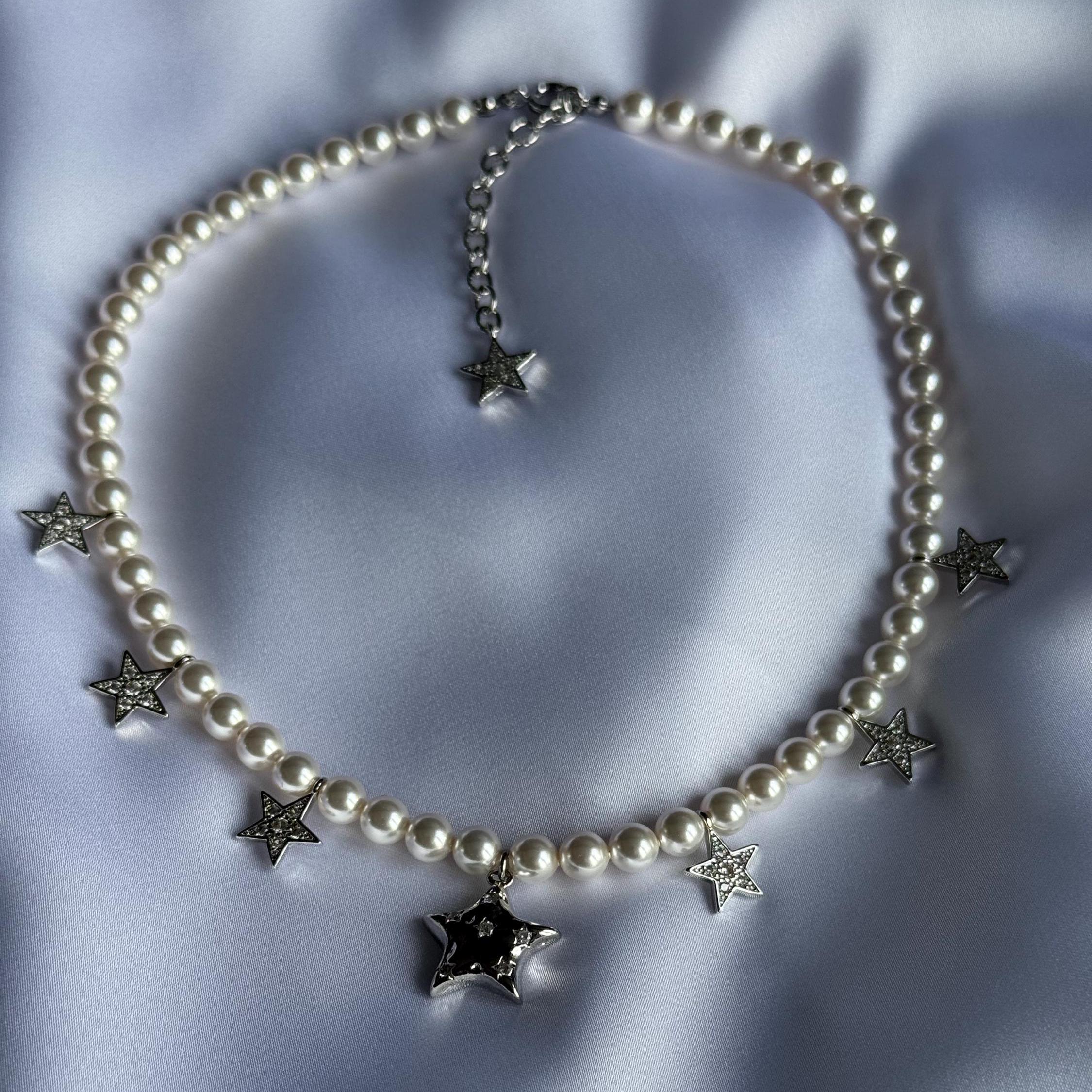 Handmade Gold Jewelry Pearl Star Choker Austrian Crystal Celestial Star Necklace Swarovski  Pearl Choker Design Handmade Gold Jewelry Austrian Crystal Elements Elegant Fashion Statement Trendy Celestial Theme Adjustable Length Options Wedding Accessory Special Occasion Piece High Quality Construction Dainty Celestial Star Necklace Swarovski  Pearl Choker