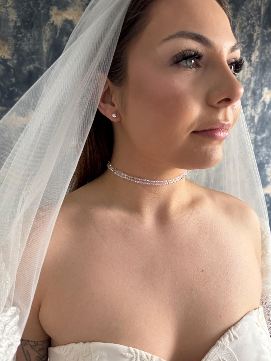 Double Strand Crystal Choker Swarovski Bridal Necklace Aurora Borealis Ab Beaded Jewelry Gold Plated Clasp Design Custom Length Options Wedding Party Accessory Perfect Bridesmaid Gift Premium Quality Construction Elegant Formal Event Style