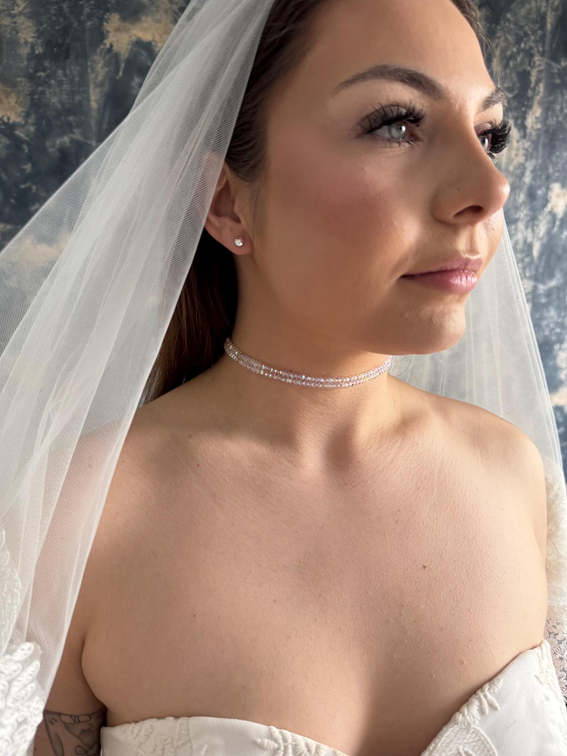 Double Strand Crystal Choker Swarovski Bridal Necklace Aurora Borealis Ab Beaded Jewelry Gold Plated Clasp Design Custom Length Options Wedding Party Accessory Perfect Bridesmaid Gift Premium Quality Construction Elegant Formal Event Style