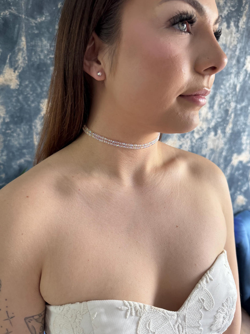 Wedding Party Jewelry Crystal Choker Necklace Swarovski Ab Beaded Design Double Strand Bridal Accessory Gold Plated Clasp Custom Length Options Elegant Bridesmaid Gift Premium Quality Construction Formal Event Style Sophisticated