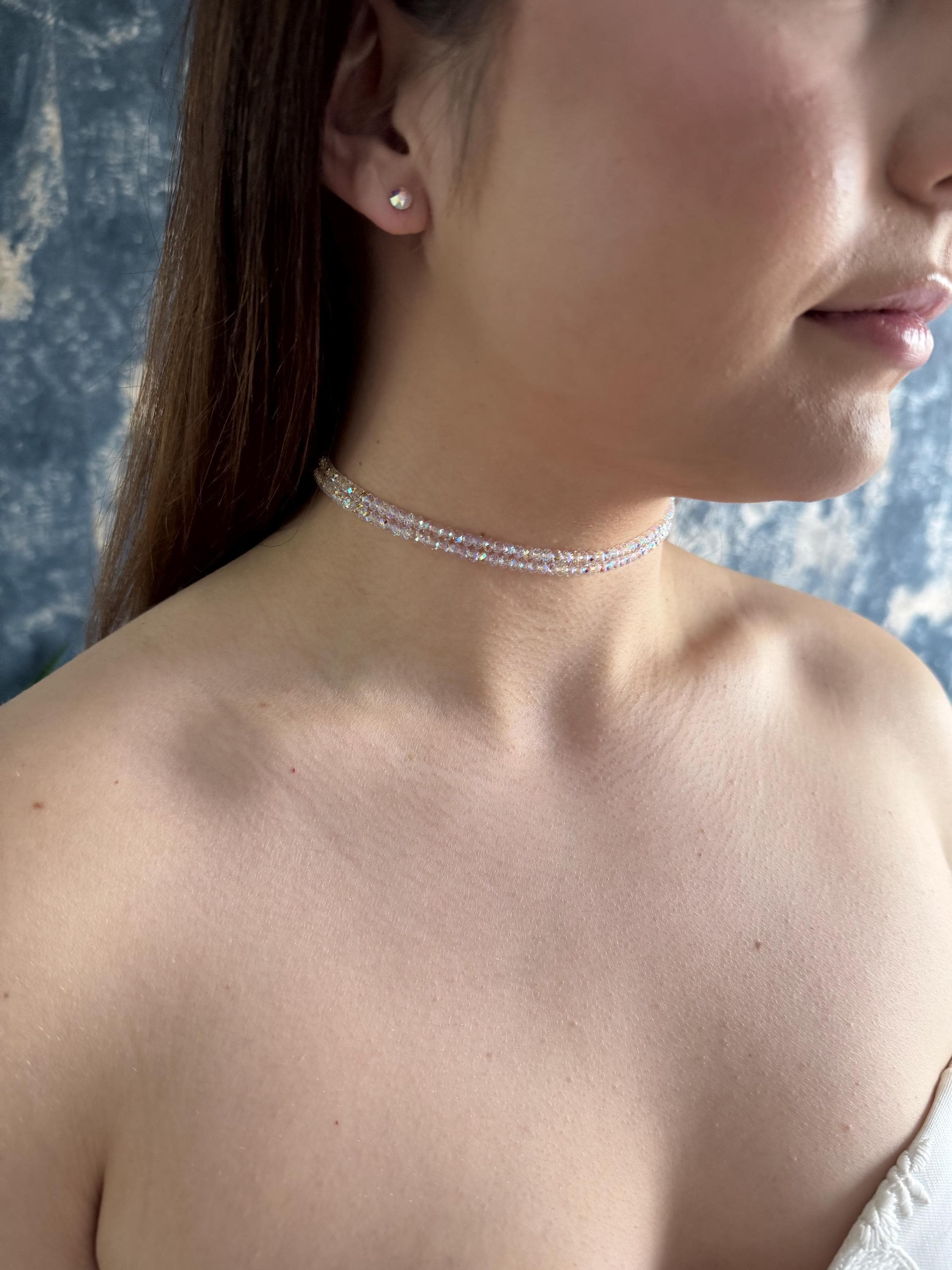 Wedding Party Jewelry Crystal Choker Necklace Swarovski Ab Beaded Design Double Strand Bridal Accessory Gold Plated Clasp Custom Length Options Elegant Bridesmaid Gift Premium Quality Construction Formal Event Style Sophisticated