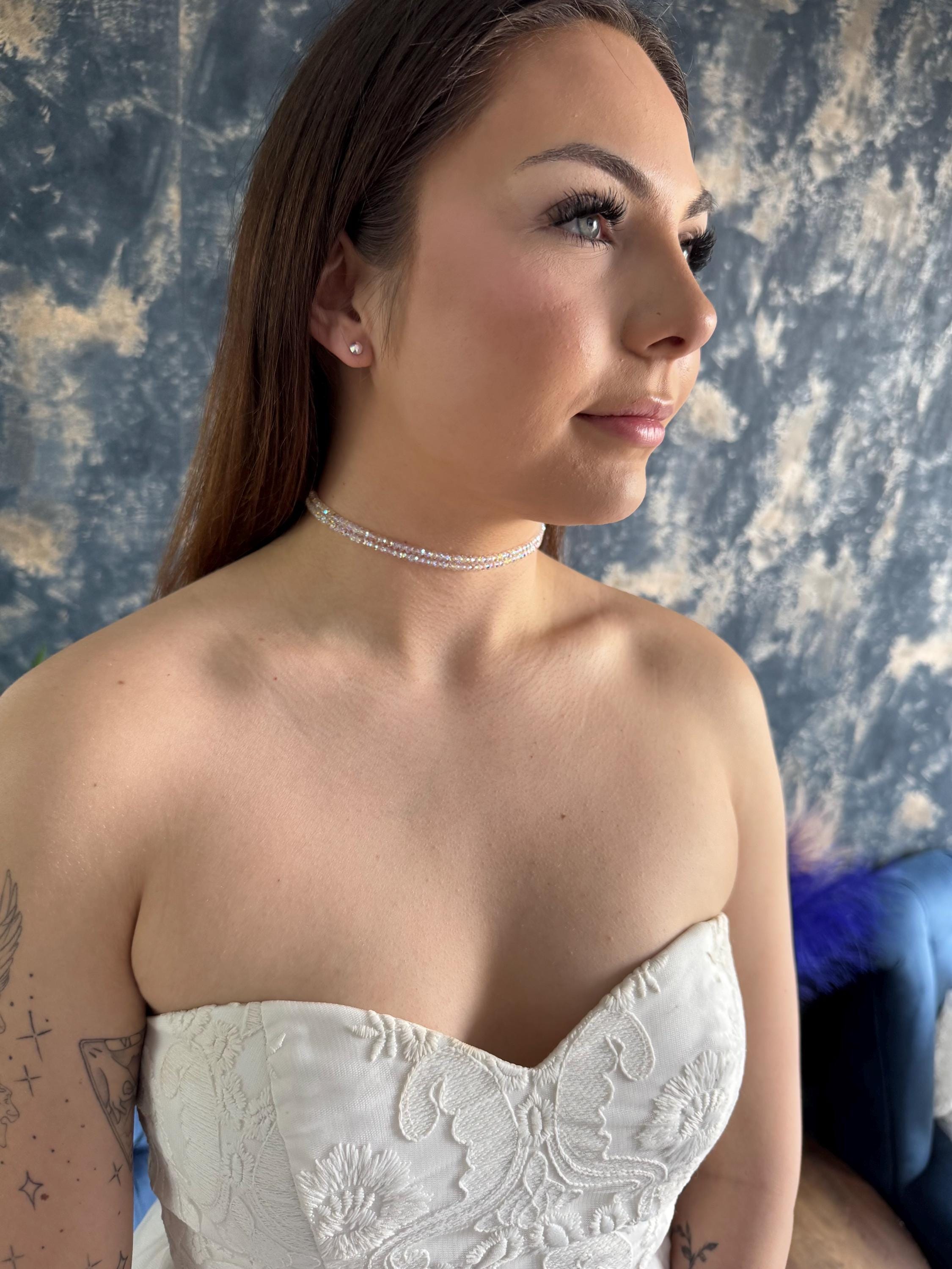 Crystal AB Choker Necklace Bridal, Double Strand Iridescent Crystal Wedding Choker, Bride Jewellery Gift, Sparkle Shiny Delicate Collar