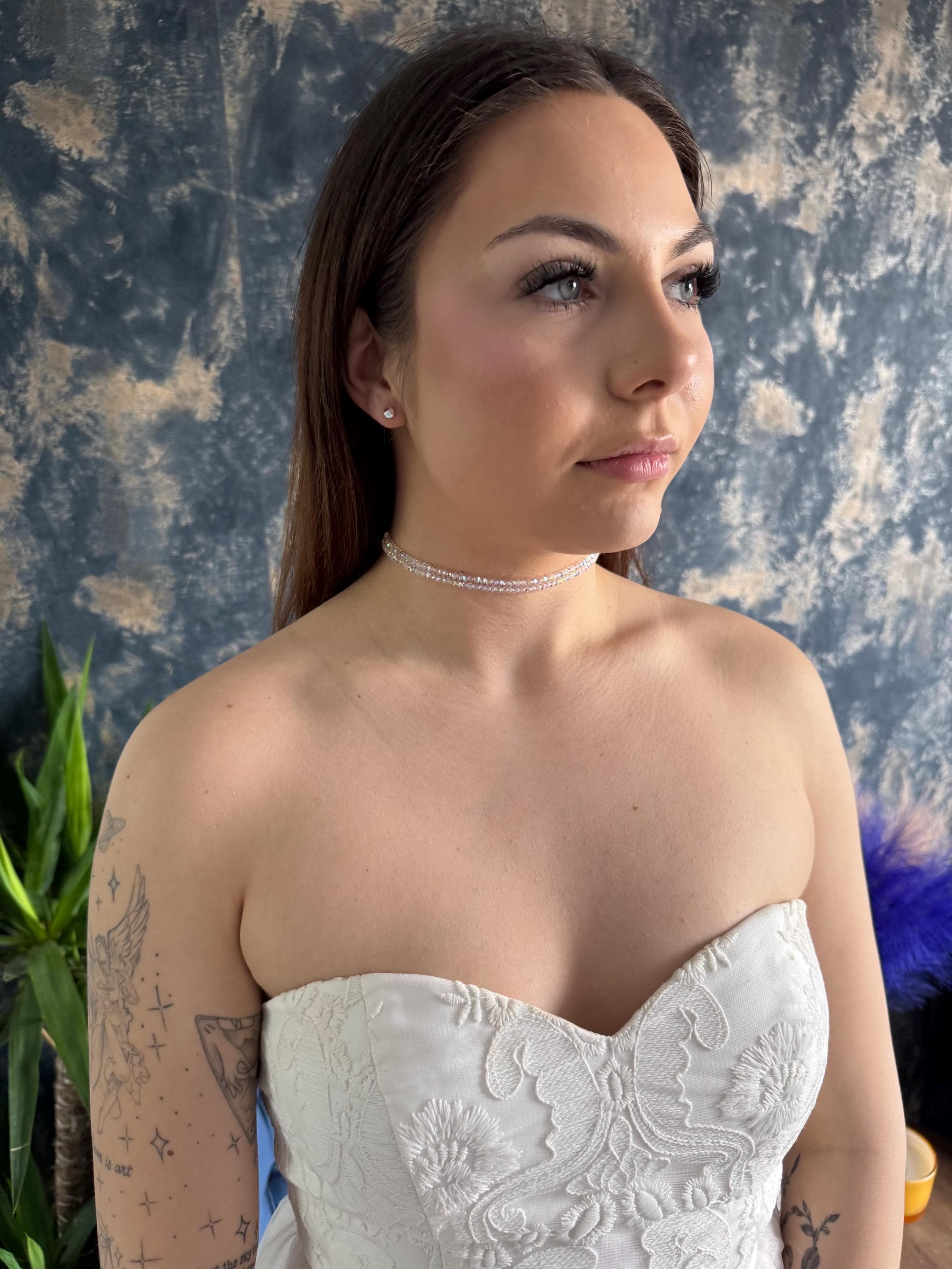 Wedding Party Jewelry Crystal Choker Necklace Swarovski Ab Beaded Design Double Strand Bridal Accessory Gold Plated Clasp Custom Length Options Elegant Bridesmaid Gift Premium Quality Construction Formal Event Style Sophisticated