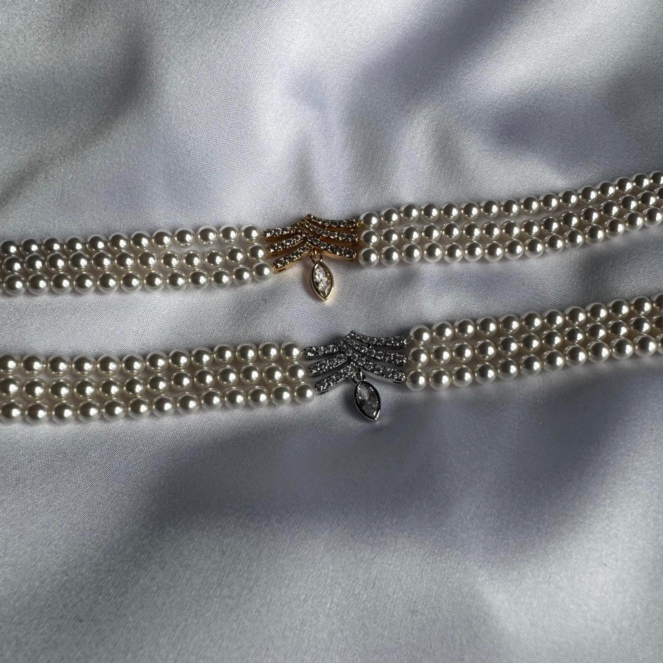 Double Strand Pearl Choker Elegant Design Crystal Pendant Centerpiece Wedding Jewelry Collection Customizable Length Option Swarovski Pearls Quality Gold Plated Elements Formal Occasion Perfect Bridal Accessory Essential Handmade Creation