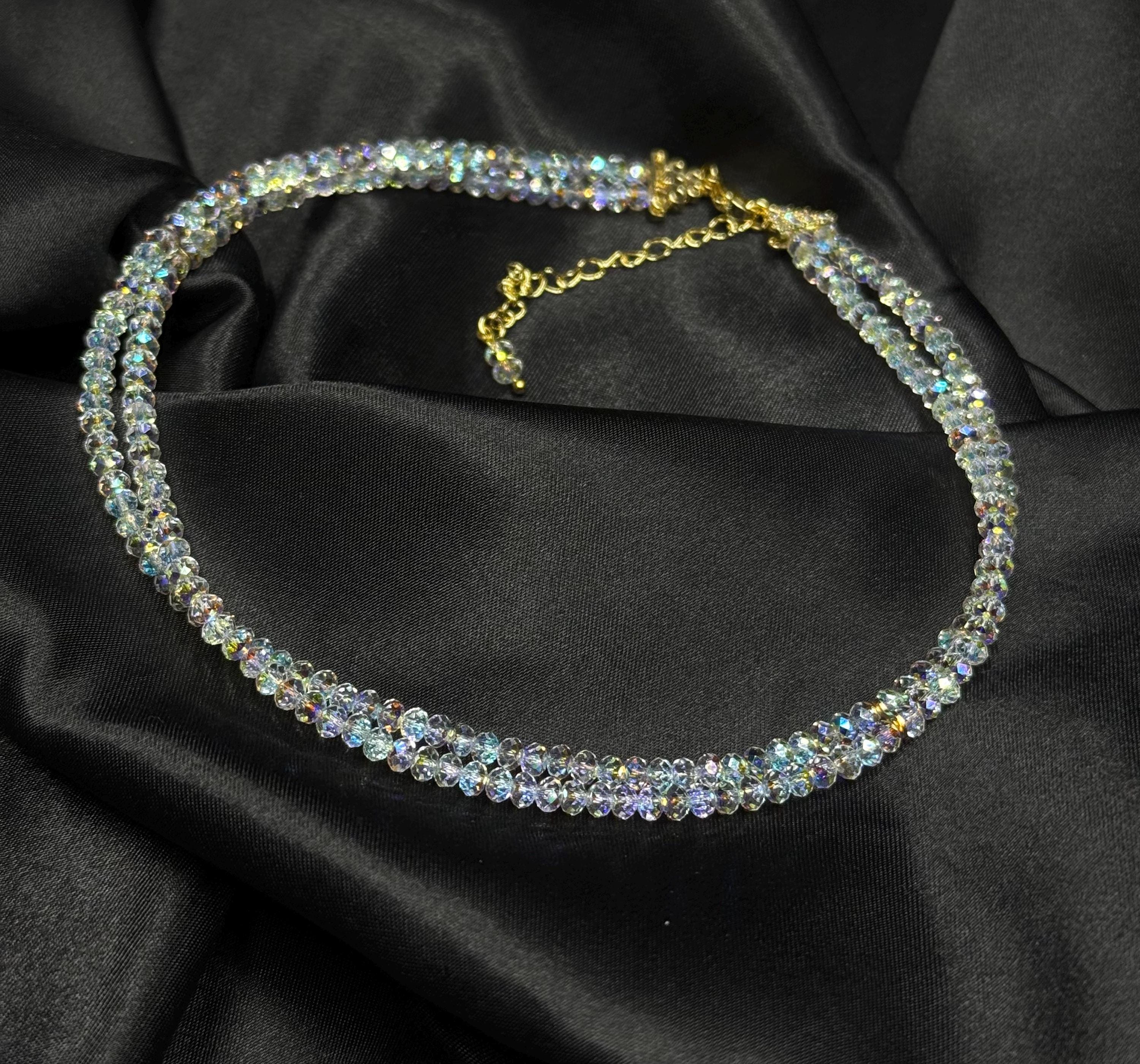 Double Strand Crystal Choker Swarovski Bridal Necklace Aurora Borealis Ab Beaded Jewelry Gold Plated Clasp Design Custom Length Options Wedding Party Accessory Perfect Bridesmaid Gift Premium Quality Construction Elegant Formal Event Style