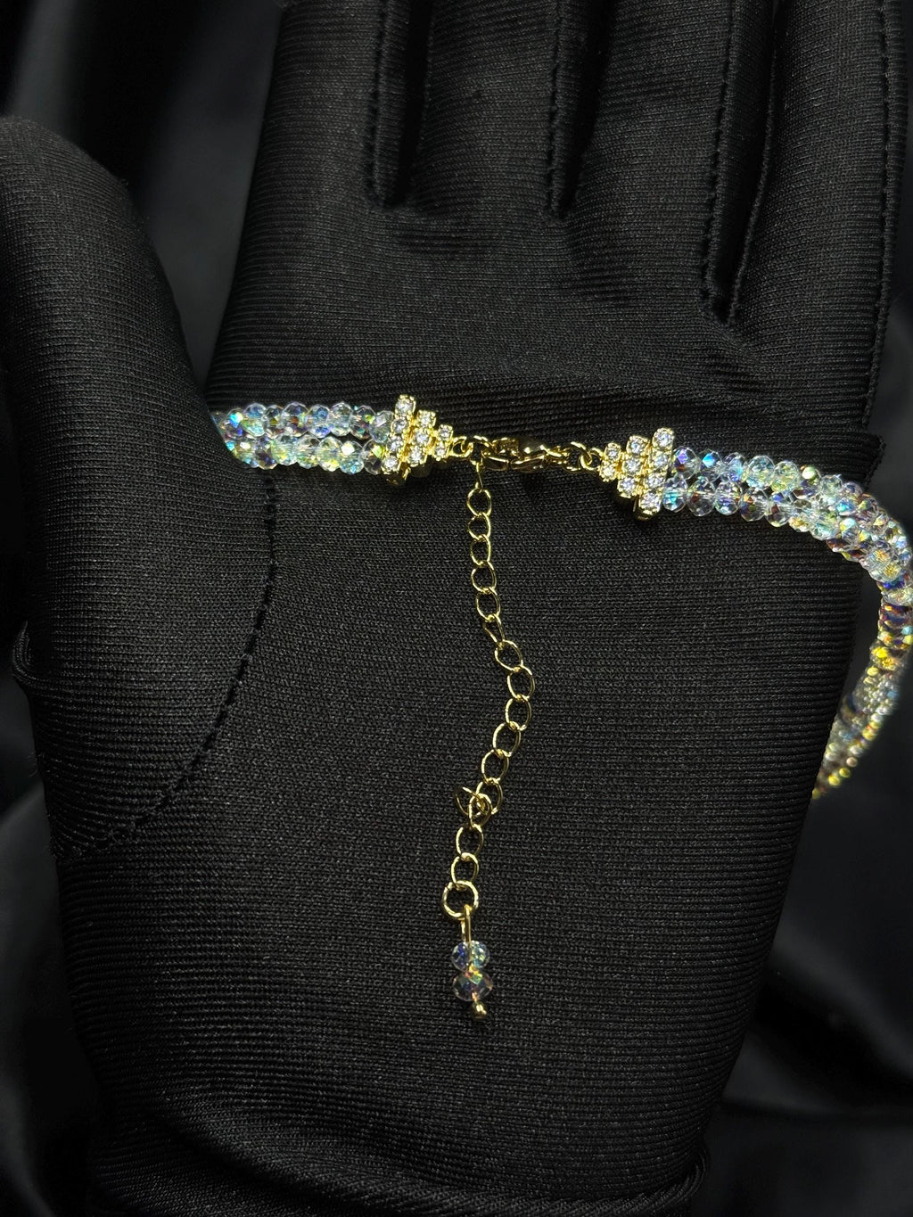 Double Strand Crystal Choker Swarovski Bridal Necklace Aurora Borealis Ab Beaded Jewelry Gold Plated Clasp Design Custom Length Options Wedding Party Accessory Perfect Bridesmaid Gift Premium Quality Construction Elegant Formal Event Style