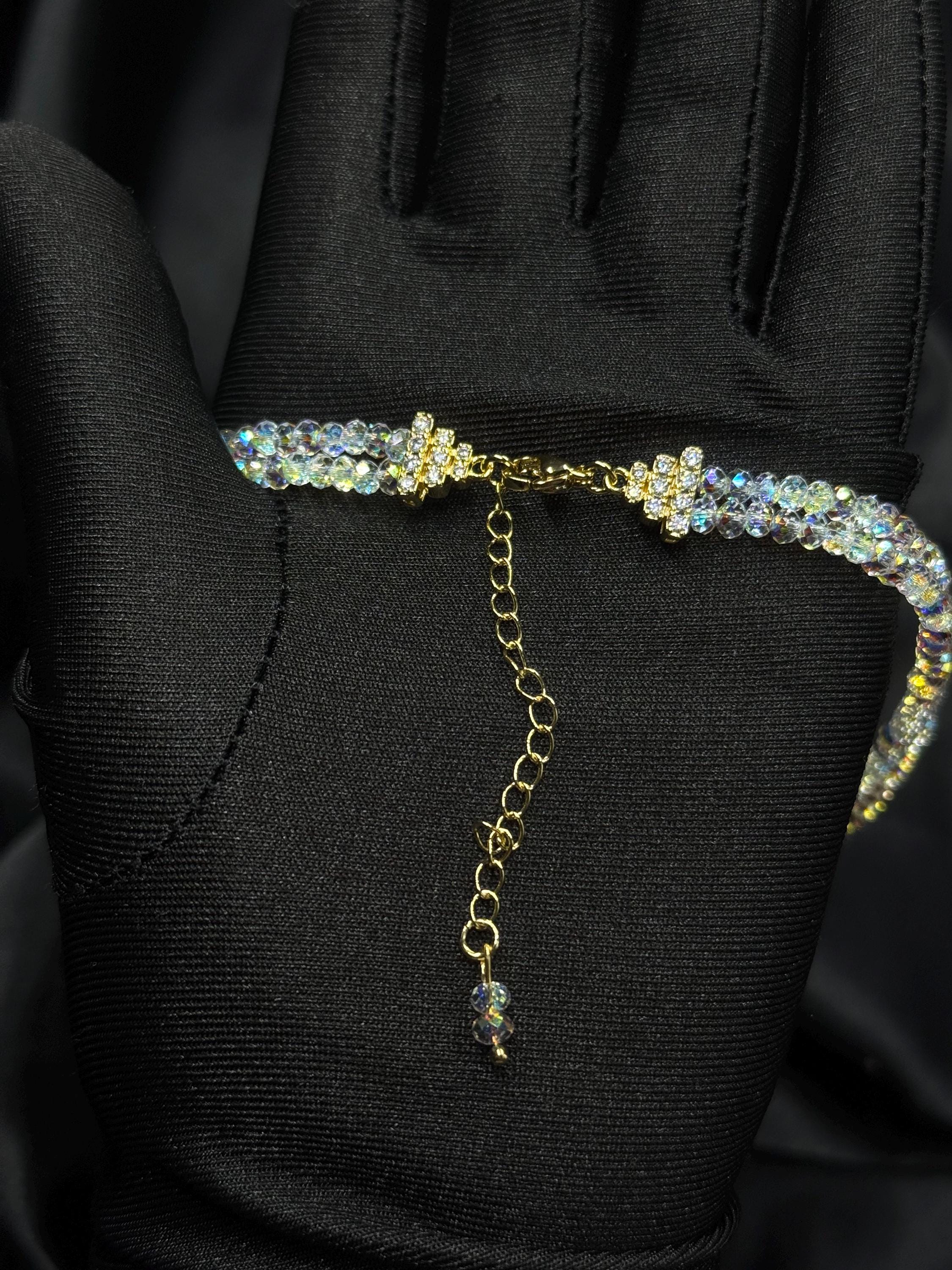 Double Strand Crystal Choker Swarovski Bridal Necklace Aurora Borealis Ab Beaded Jewelry Gold Plated Clasp Design Custom Length Options Wedding Party Accessory Perfect Bridesmaid Gift Premium Quality Construction Elegant Formal Event Style
