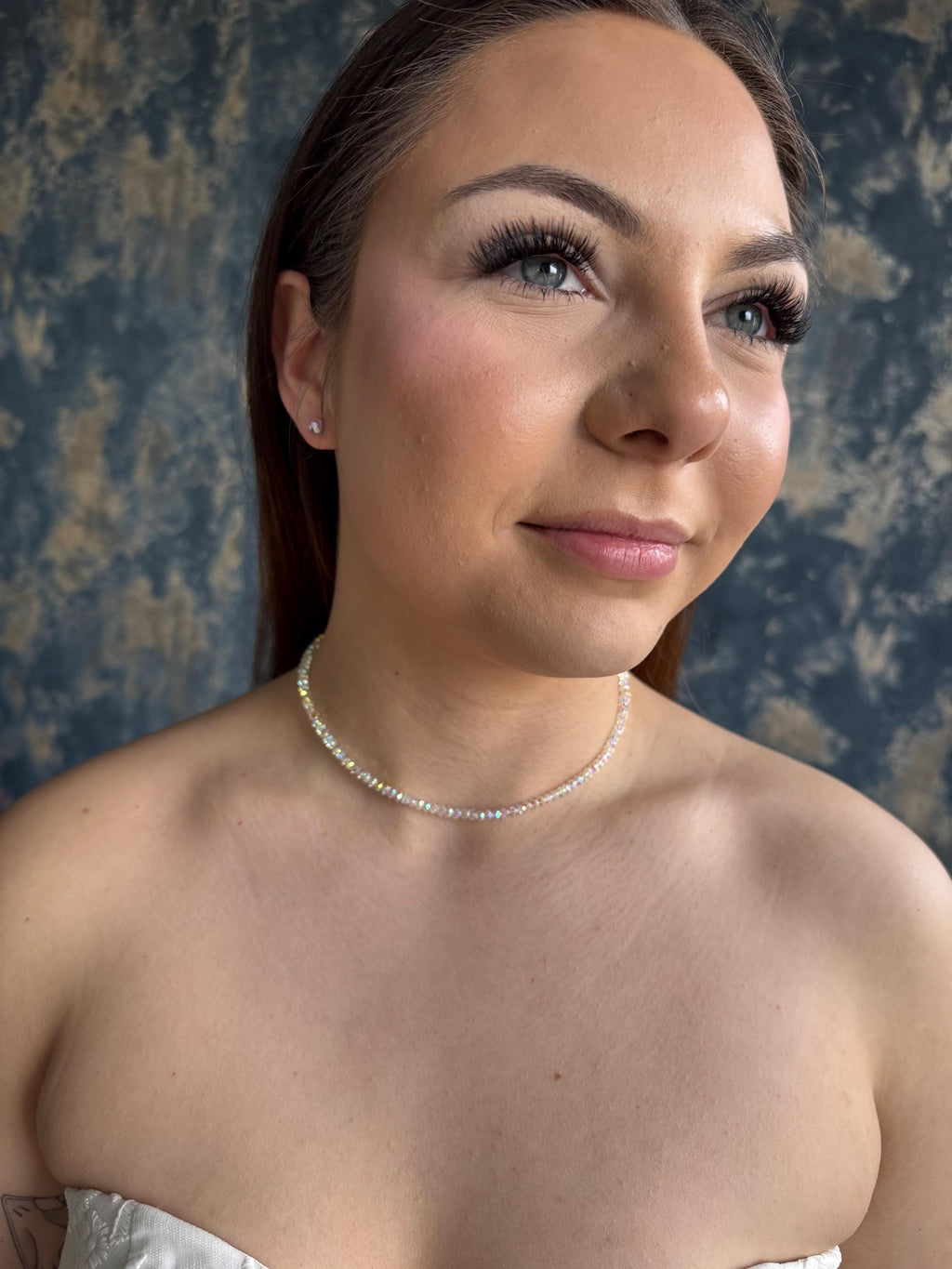 Swarovski Crystal Bridal Choker Necklace one Strand Wedding Jewelry Aurora Borealis Ab Finish Premium Quality Beaded Design Gold Plated Brass Clasp Custom Length 12 16 Inches Perfect Bridesmaid Gift Set Elegant Formal Event Accessory
