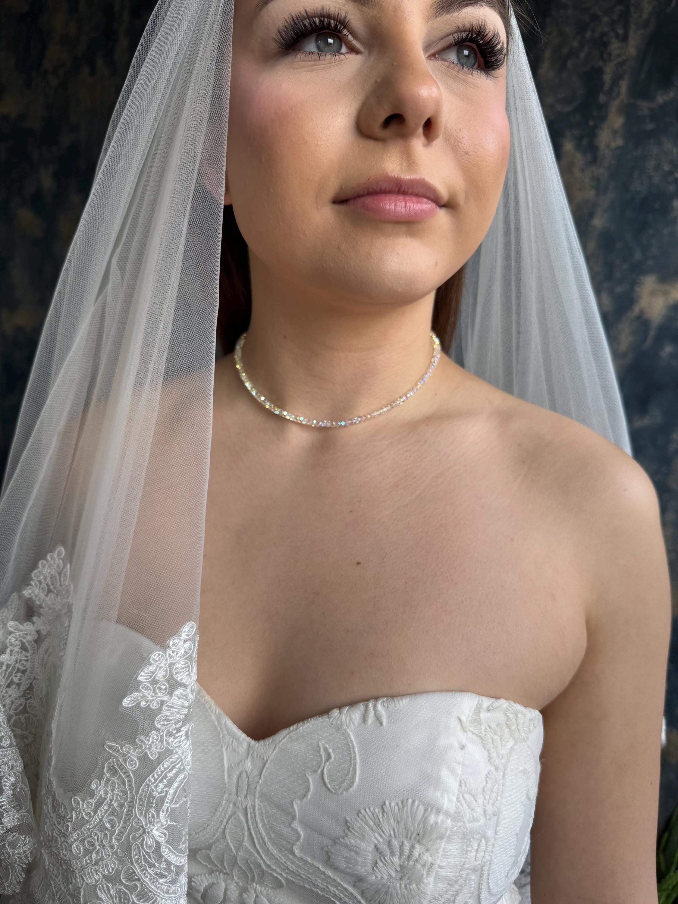Wedding Party Jewelry Crystal Choker Necklace Swarovski Ab Beaded Design Double Strand Bridal Accessory Gold Plated Clasp Custom Length Options Elegant Bridesmaid Gift Premium Quality Construction Formal Event Style Sophisticated
