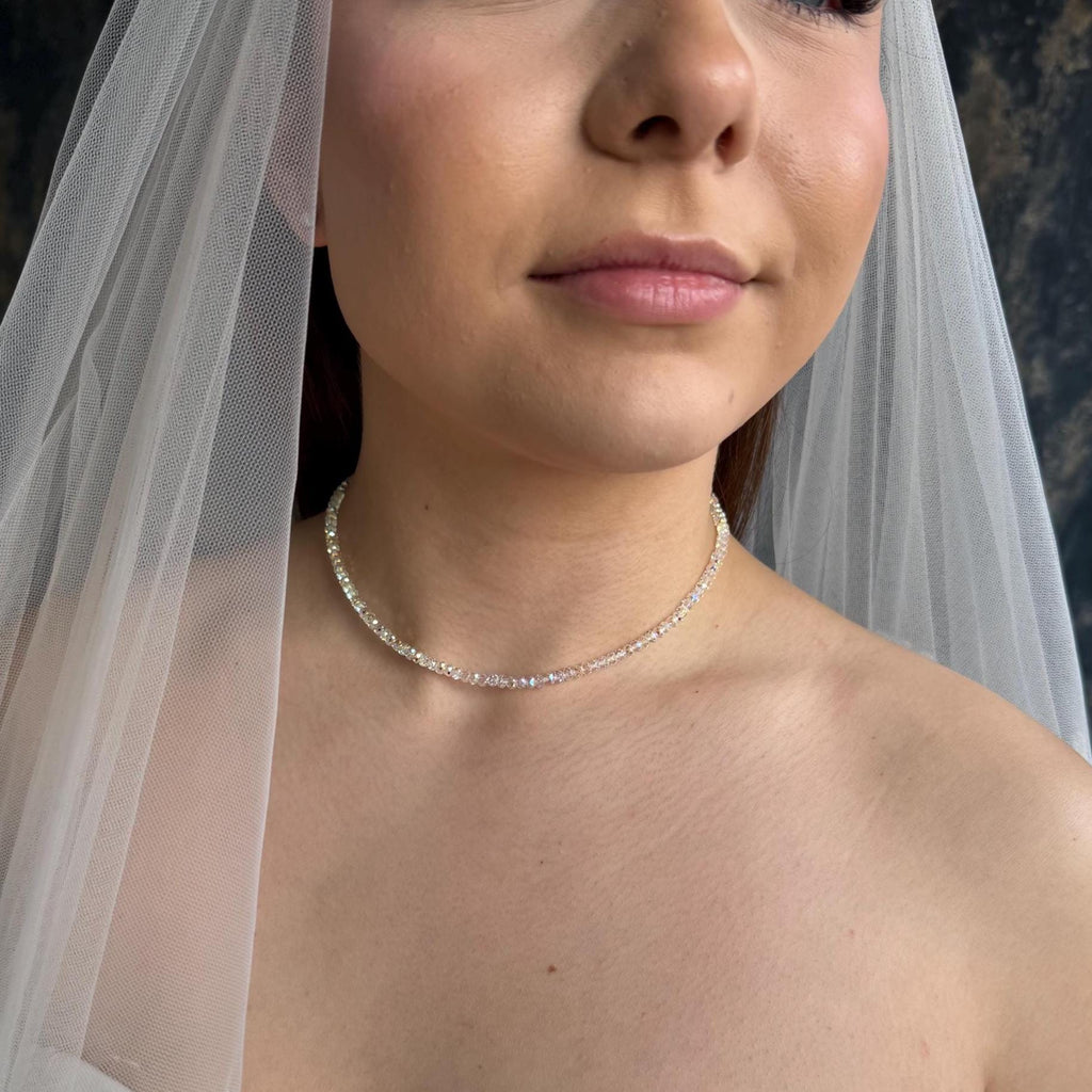 Iridescent Swarovski  Crystal Necklace Aurora Borealis Bridal Choker Wedding Day Jewelry Rainbow Prism Light Catching Beads Delicate Close Fitting Design Elegant Bride Accessory Perfect Statement Piece Romantic Special Occasion Jewelry Photogenic