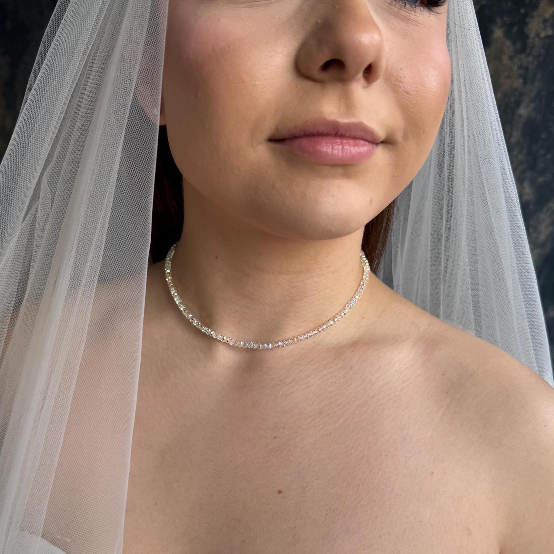 Iridescent Swarovski  Crystal Necklace Aurora Borealis Bridal Choker Wedding Day Jewelry Rainbow Prism Light Catching Beads Delicate Close Fitting Design Elegant Bride Accessory Perfect Statement Piece Romantic Special Occasion Jewelry Photogenic