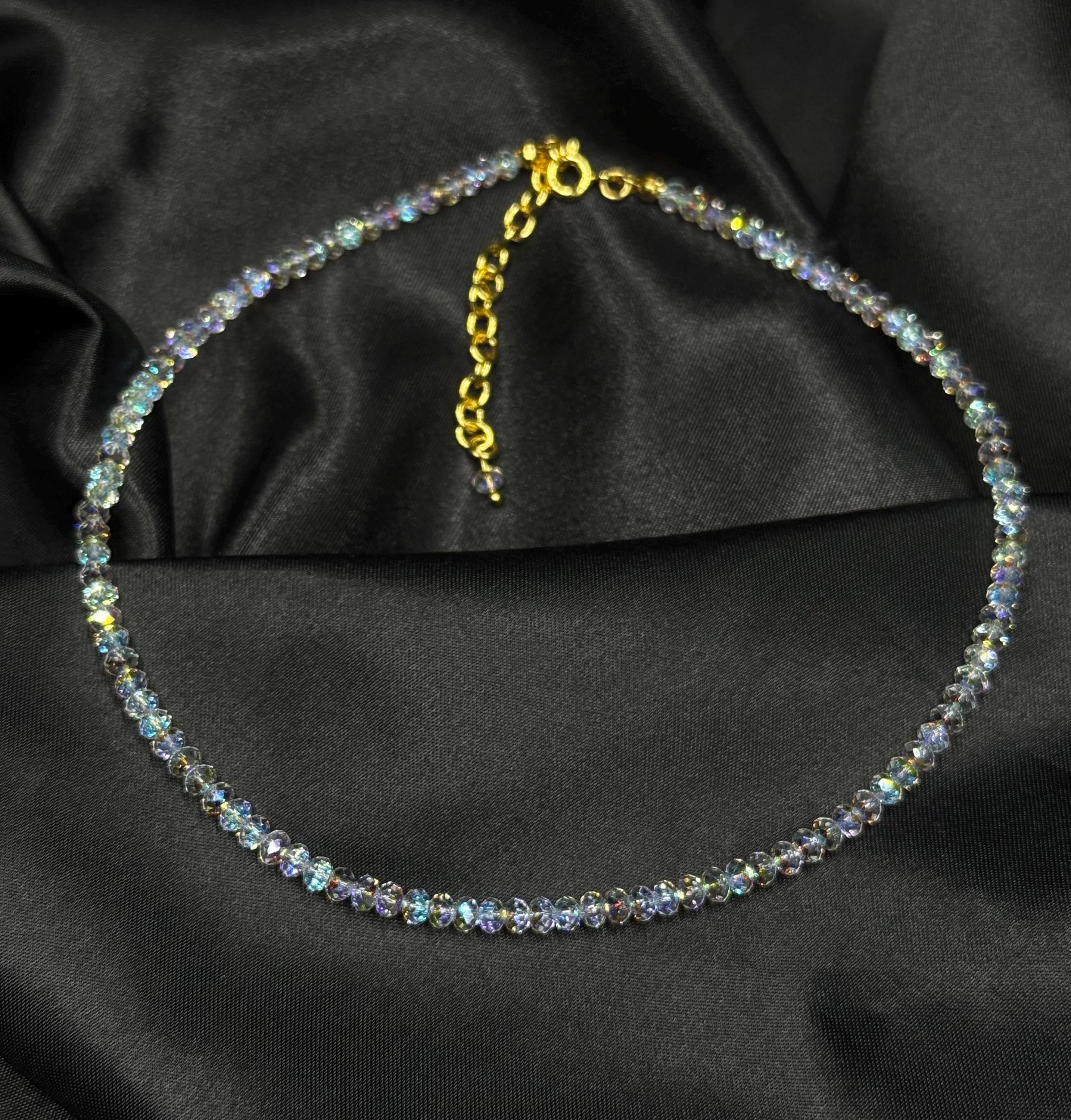 Swarovski Crystal Bridal Choker Necklace Strand Wedding Jewelry Aurora Borealis Ab Finish Premium Quality Beaded Design Gold Plated Brass Clasp Custom Length 12 16 Inches Perfect Bridesmaid Gift Set Elegant Formal Event Accessory