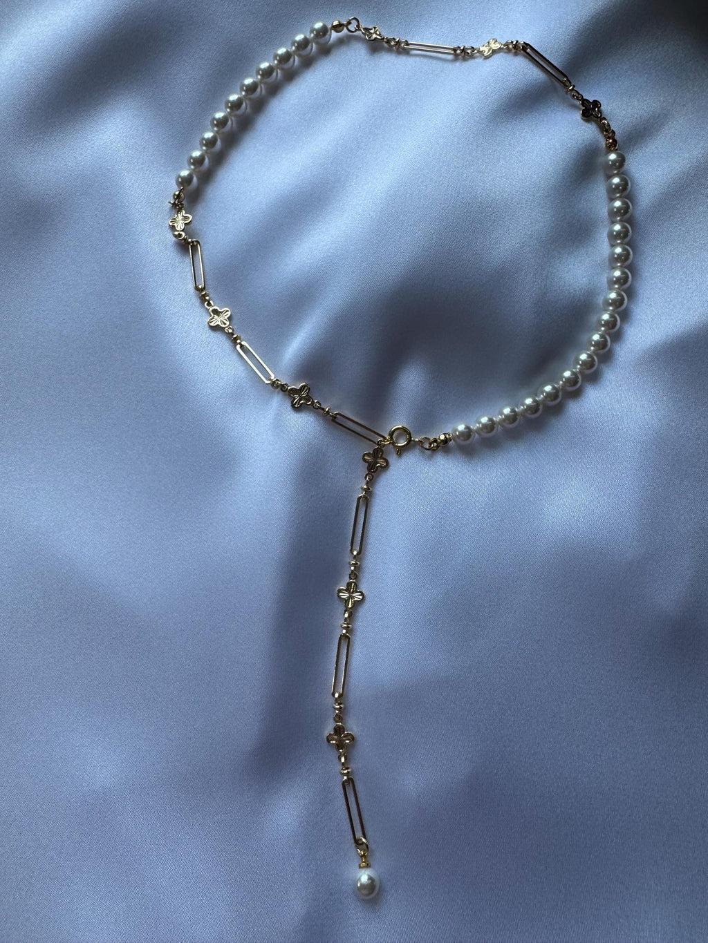 Luxury Pearl Lariat Y Necklace Gold Paperclip Chain Pearl Drop Clover Charm Choker Anniversary Gift for Her Handmade Statement Jewellery