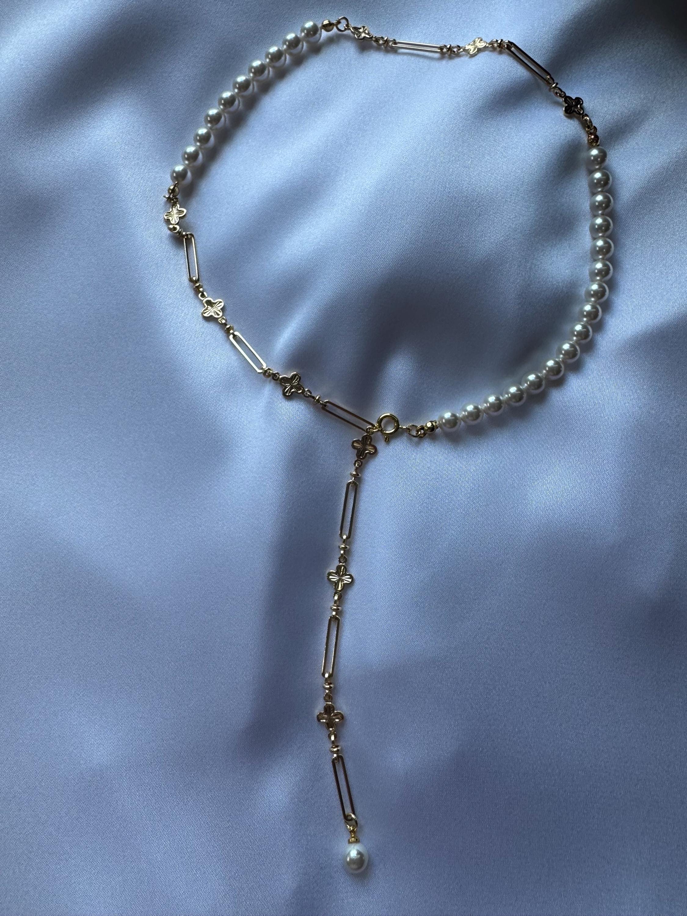 Luxury Pearl Lariat Y Necklace Gold Paperclip Chain Pearl Drop Clover Charm Choker Anniversary Gift for Her Handmade Statement Jewellery