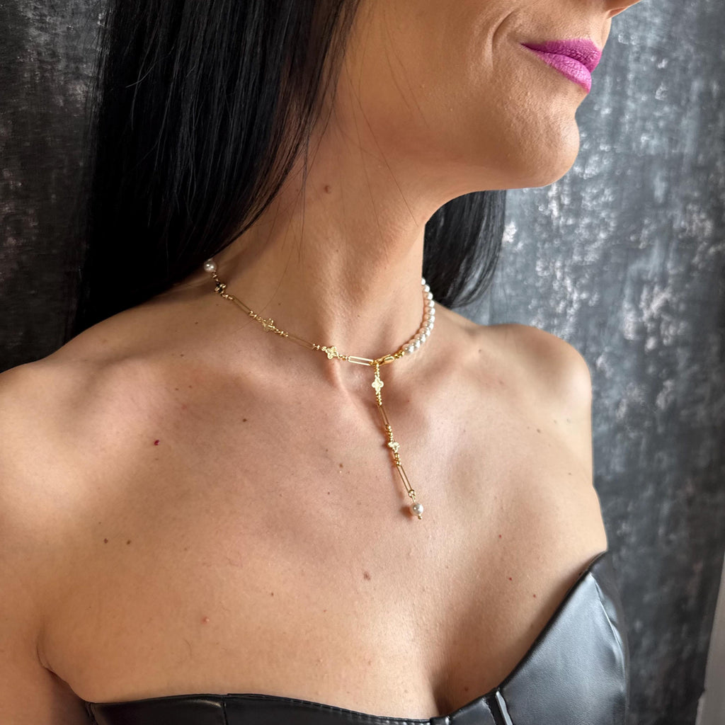 Luxury Pearl Lariat Y Necklace Gold Paperclip Chain Pearl Drop Clover Charm Choker Anniversary Gift for Her Handmade Statement Jewellery