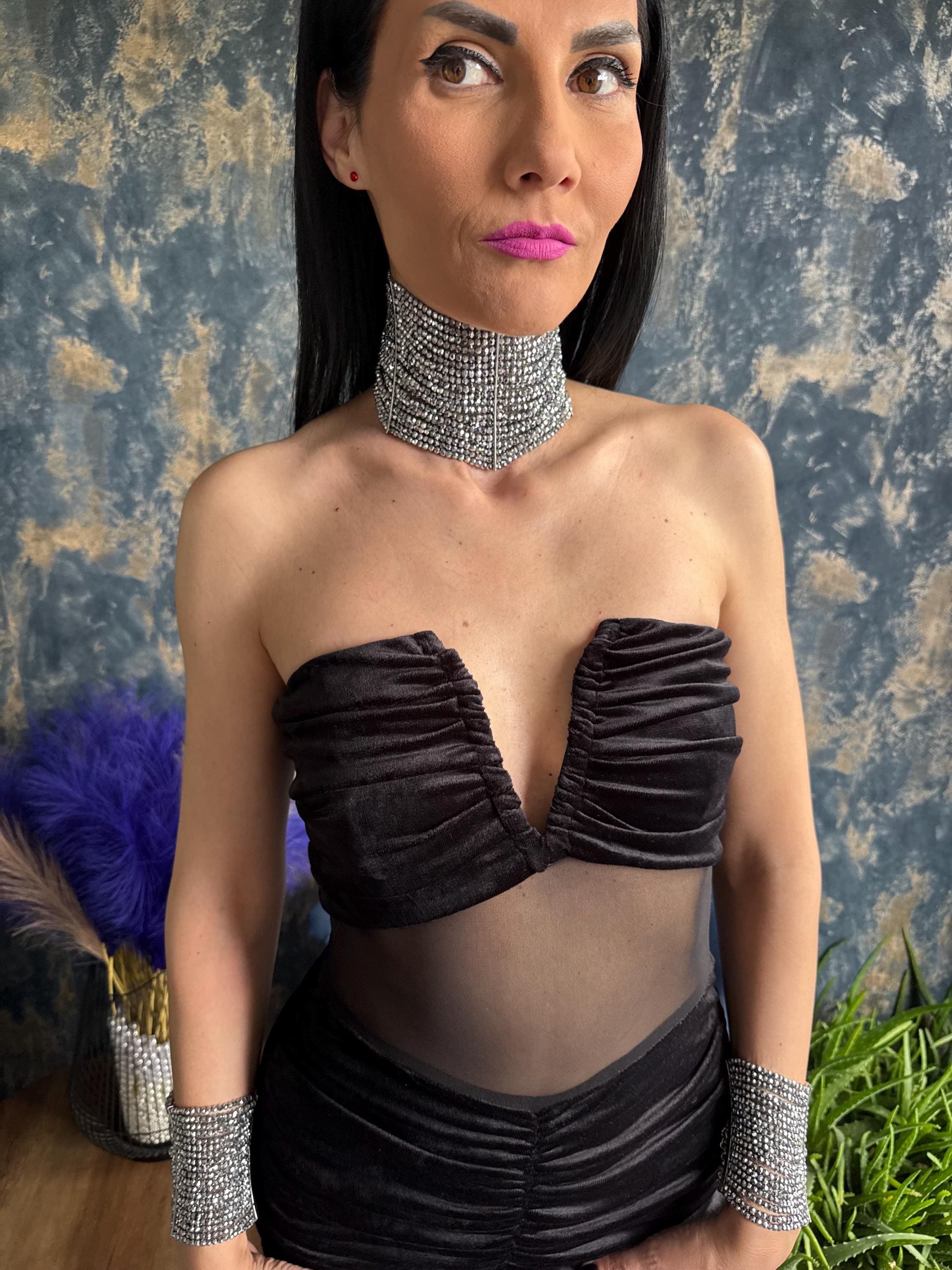 Multi Strand Choker Crystal Rhinestone Collar Statement Necklace Wedding Guest Jewelry Bridal Accessory Glamorous Evening Formal Attire Special Occasion Celebrity Style Handcrafted Luxury Design Faceted Beads Cascading Strands Sophisticated