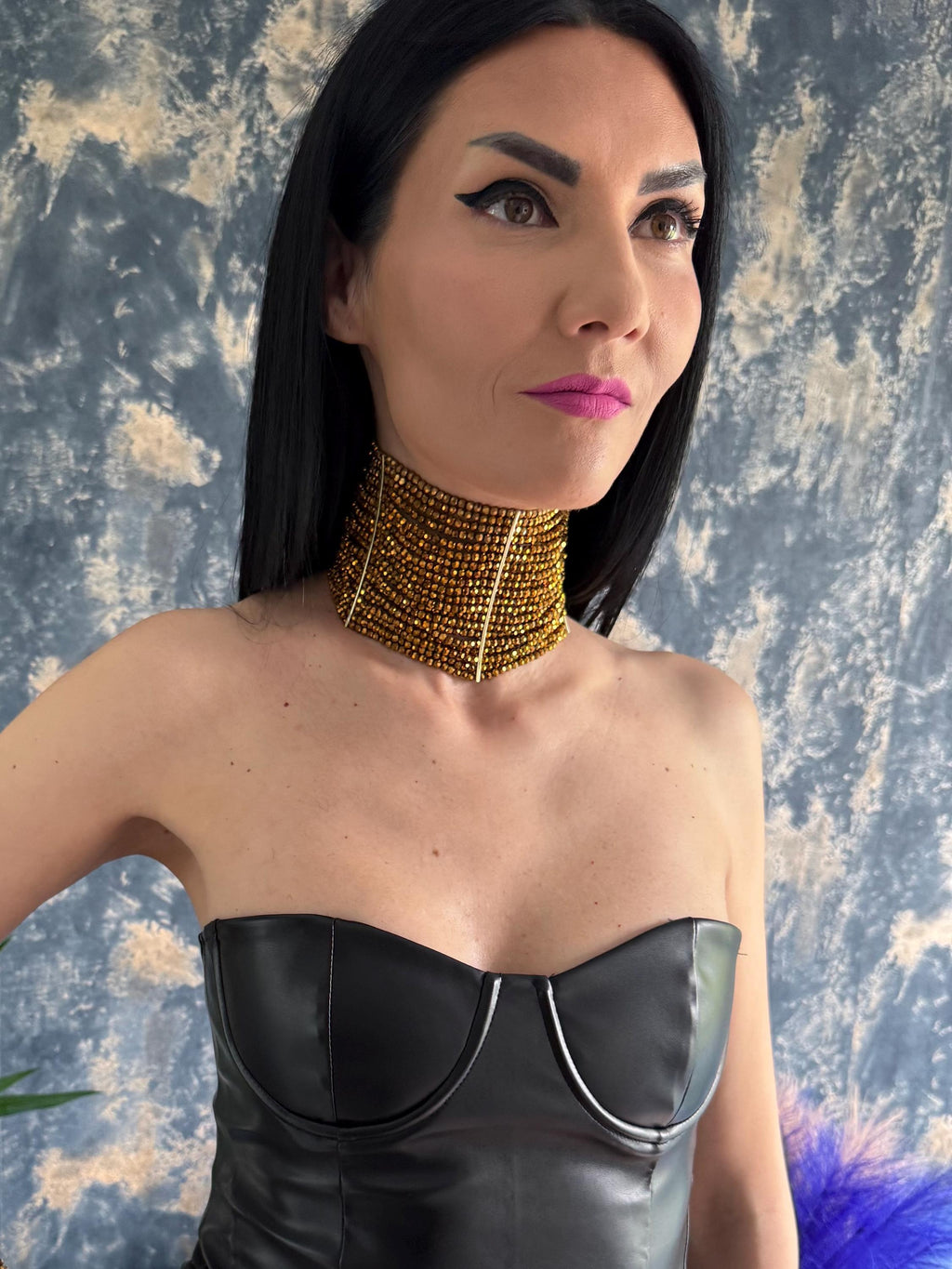 Handmade Gold Necklace Egyptian Inspired Design Statement Collar Piece Festival Style Jewelry Elegant Glass Beaded Construction Premium Quality Materials Wedding Accessory Event Wear Fashion Forward Look Celebrity Style Choker Bold Dramatic
