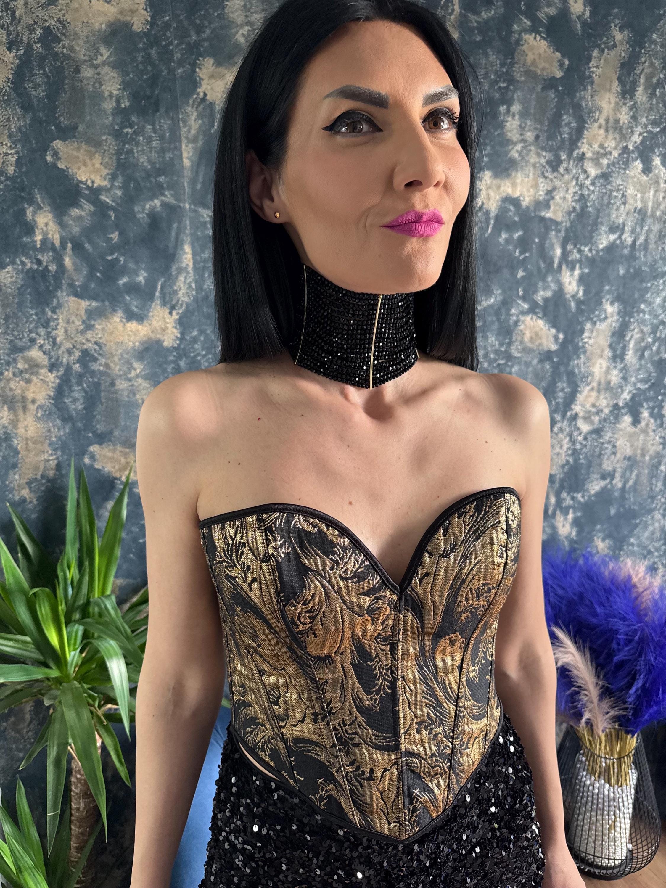 Wide Collar Choker Black Statement Necklace Gothic Victorian Glass Bead Multi Strand Evening Jewelry Formal Dramatic Design Adjustable Chain Costume Jewellery Bold Neck Piece Fashion Accessory Special Occasion Wear Retro Style Collection