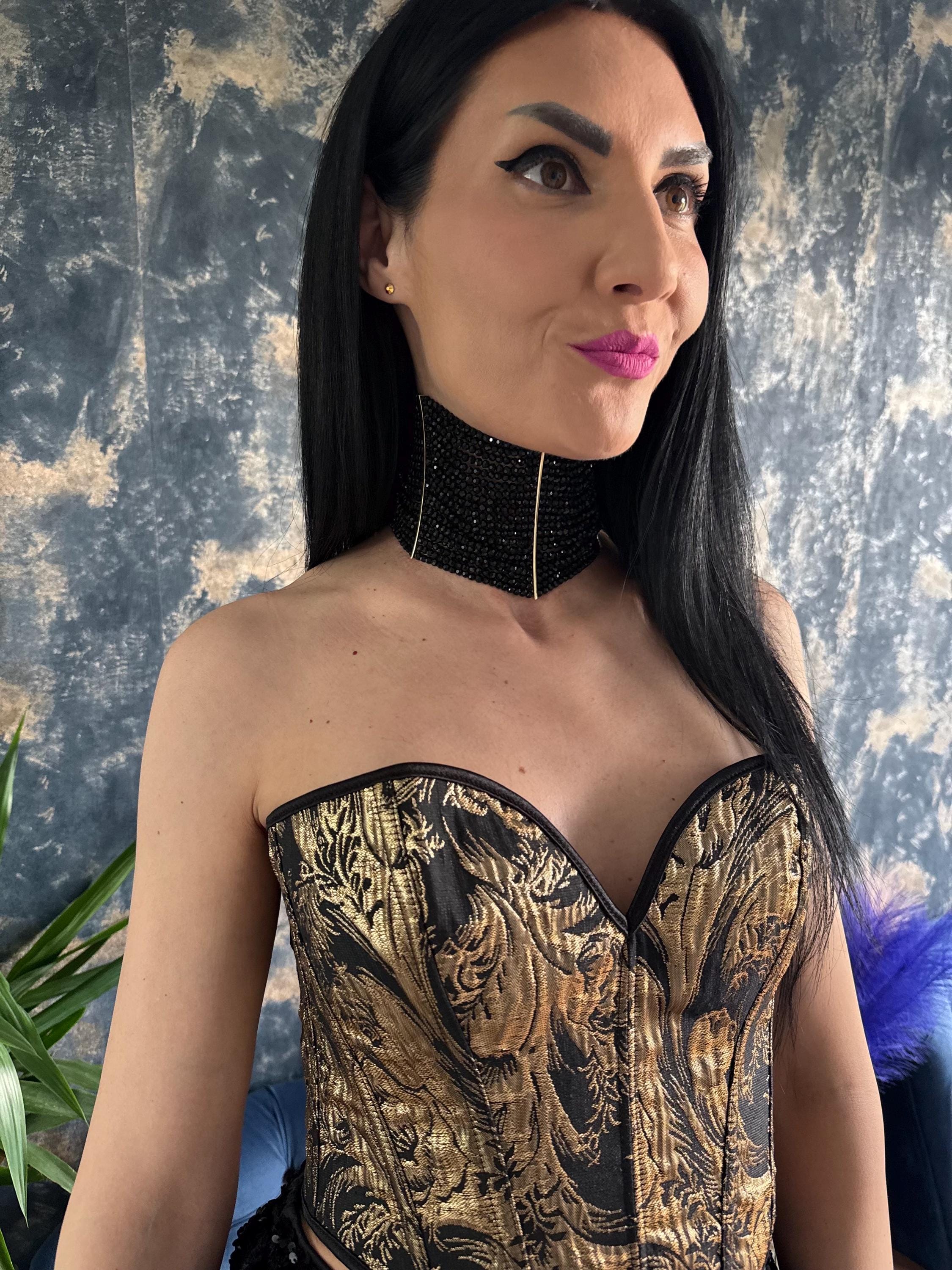 Wide Collar Choker Black Statement Necklace Gothic Victorian Glass Bead Multi Strand Evening Jewelry Formal Dramatic Design Adjustable Chain Costume Jewellery Bold Neck Piece Fashion Accessory Special Occasion Wear Retro Style Collection