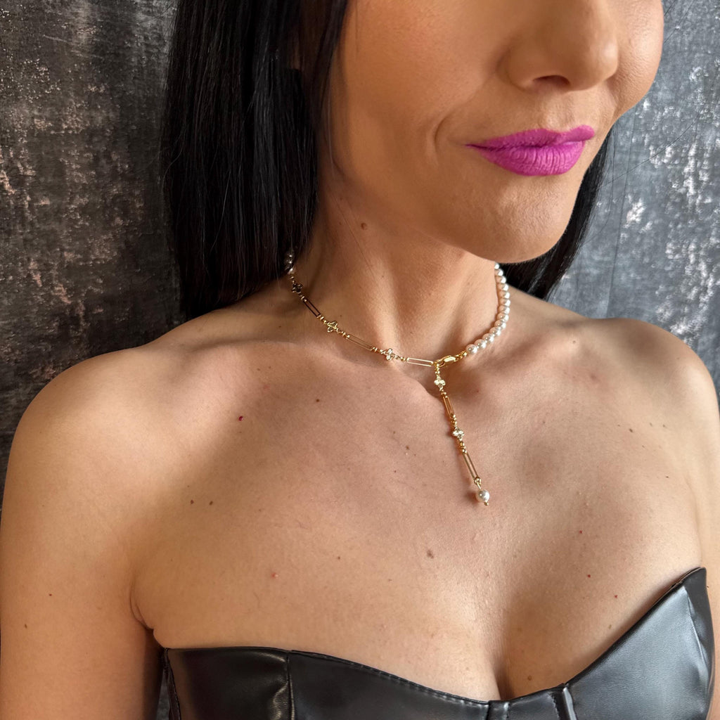 Luxury Pearl Lariat Y Necklace Gold Paperclip Chain Pearl Drop Clover Charm Choker Anniversary Gift for Her Handmade Statement Jewellery