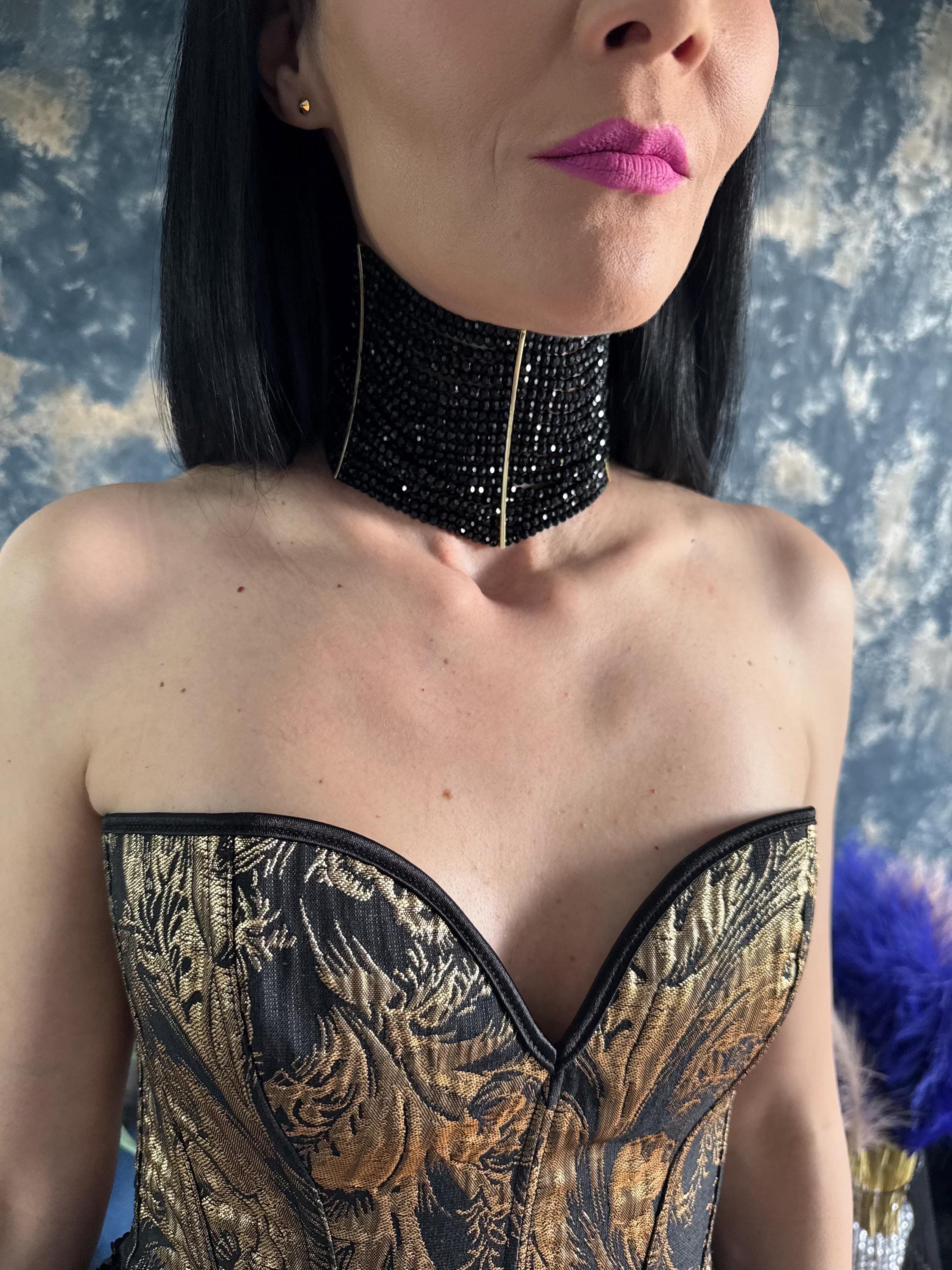 Dior Black Choker Necklace Gothic Statement Collar Wide Evening Jewelry Formal Dramatic Victorian Glass Bead Costume Jewellery Multi Strand Design Adjustable Chain Neck Piece Bold Fashion Accessory Special Occasion Wear Retro Style Collection