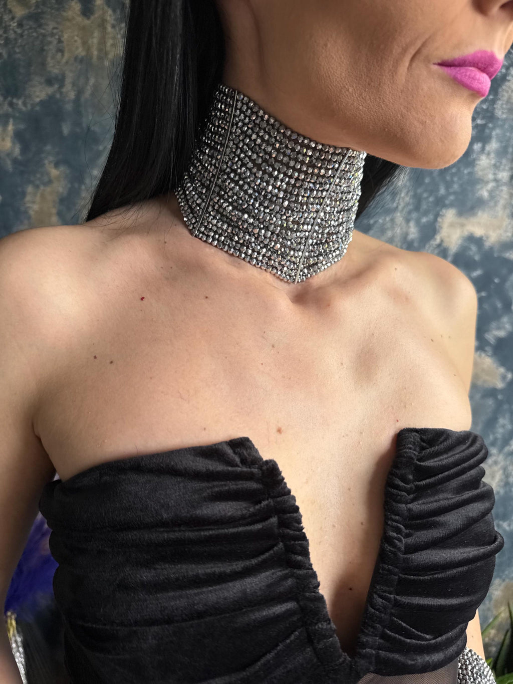 wide silver rhinestone choker necklace statement jewelry