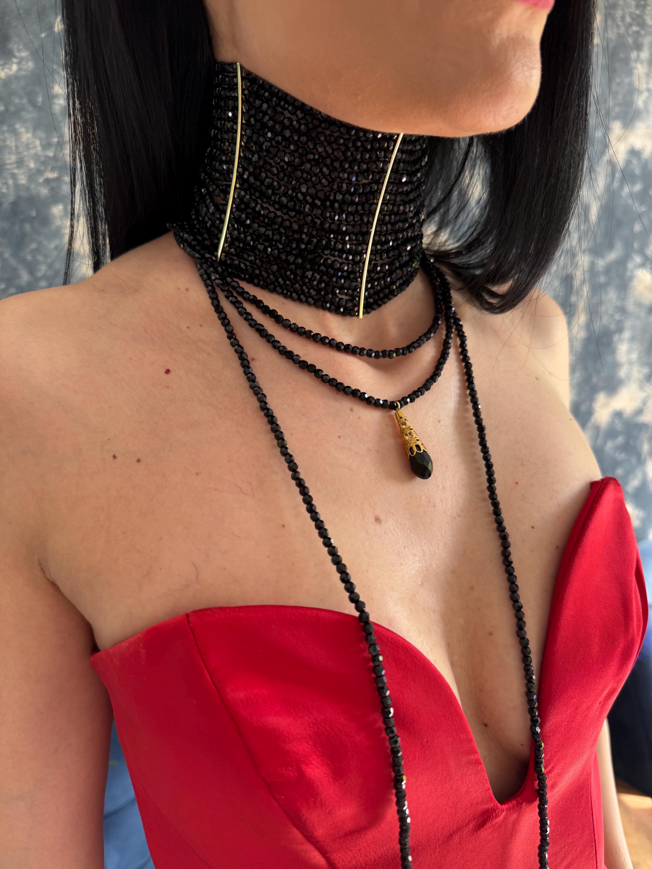 Gothic Statement Necklace Black Choker Set Multi Strand Design Faceted Glass Beads Collection Wide Collar Choker Style Handcrafted Two Piece Jewelry Wraparound Lariat Necklace Evening Wear Accessory Gold Plated Hardware Dramatic Fashion