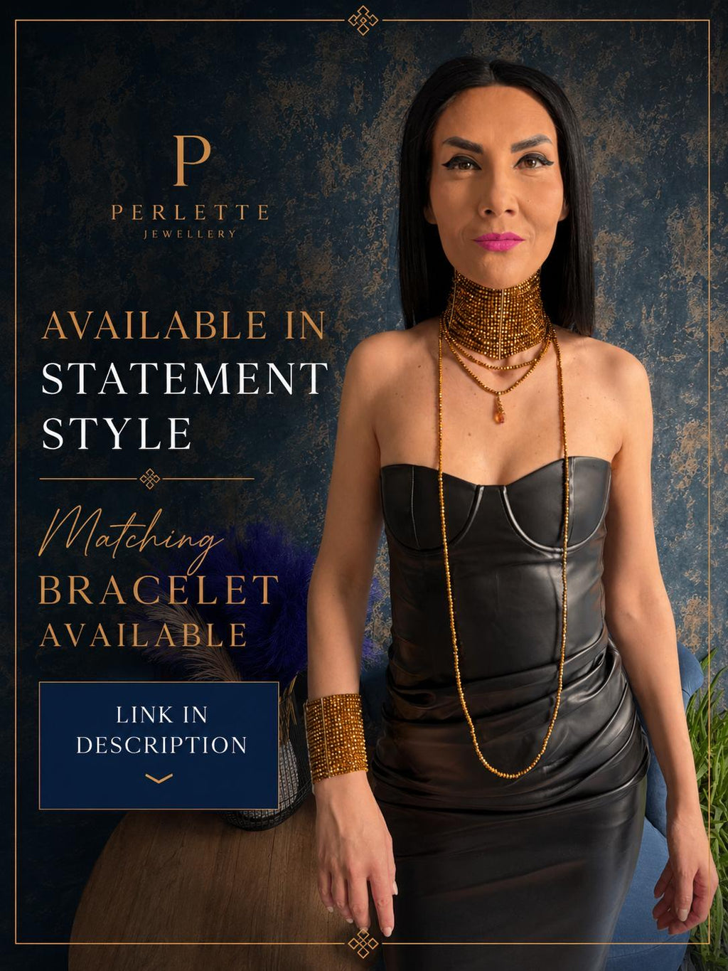 Festival Jewelry Statement Necklace Gold Egyptian Style Handcrafted Design Elegant Wedding Accessory Event Costume Piece Celebrity Inspired Choker Glass Beaded Pattern Custom Length Option Multi Strand Construction Bold Fashion Statement
