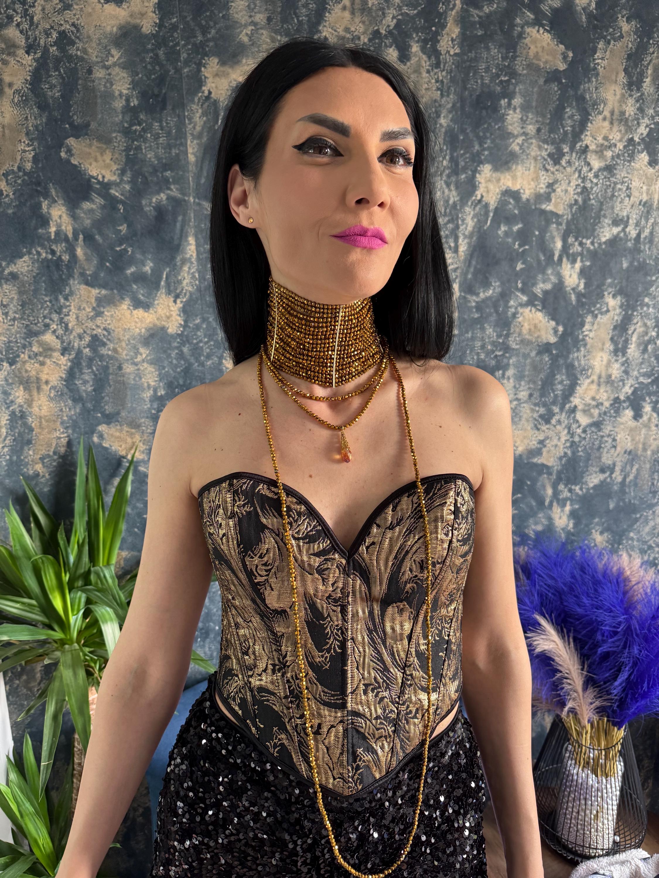 Statement Necklace Women Gold Choker Beaded Wide Collar Chunky Crystal Jewelry Bold Maximalist Design Runway Fashion Party Accessory Perfect Gift Her Birthday Special Celebration Adjustable Faceted Glass Beads Boho Style Fashion Forward