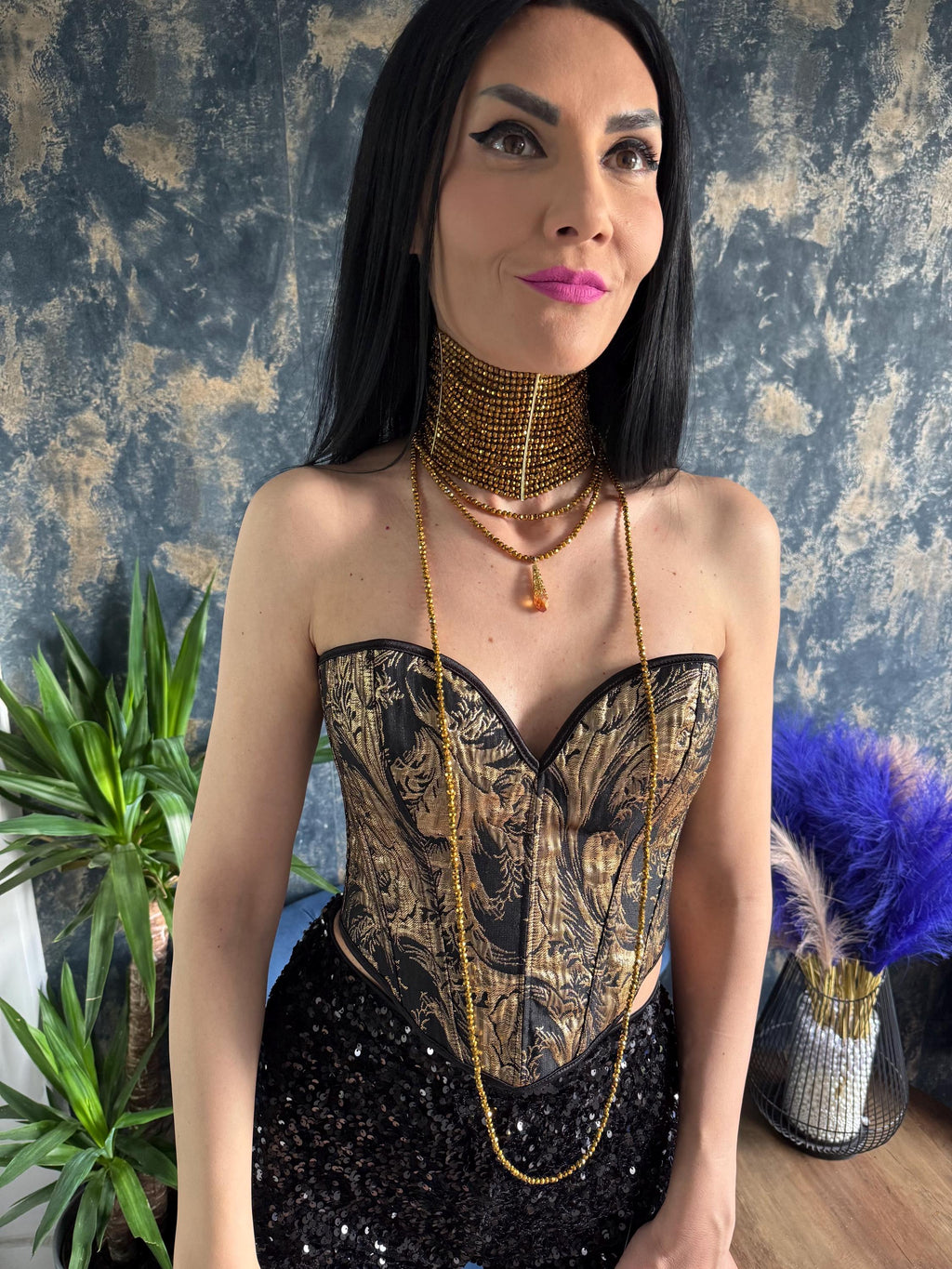 Statement Necklace Women Gold Choker Beaded Wide Collar Chunky Crystal Jewelry Bold Maximalist Design Runway Fashion Party Accessory Perfect Gift Her Birthday Special Celebration Adjustable Faceted Glass Beads Boho Style Fashion Forward