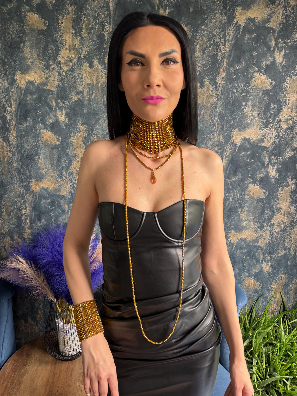 Beaded Choker Necklace Women Statement Gold Wide Collar Design Chunky Crystal Jewelry Bold Party Accessory Maximalist Fashion Runway Inspired Style Perfect Birthday Gift Her Special Celebration Event Adjustable Faceted Glass Beads Boho
