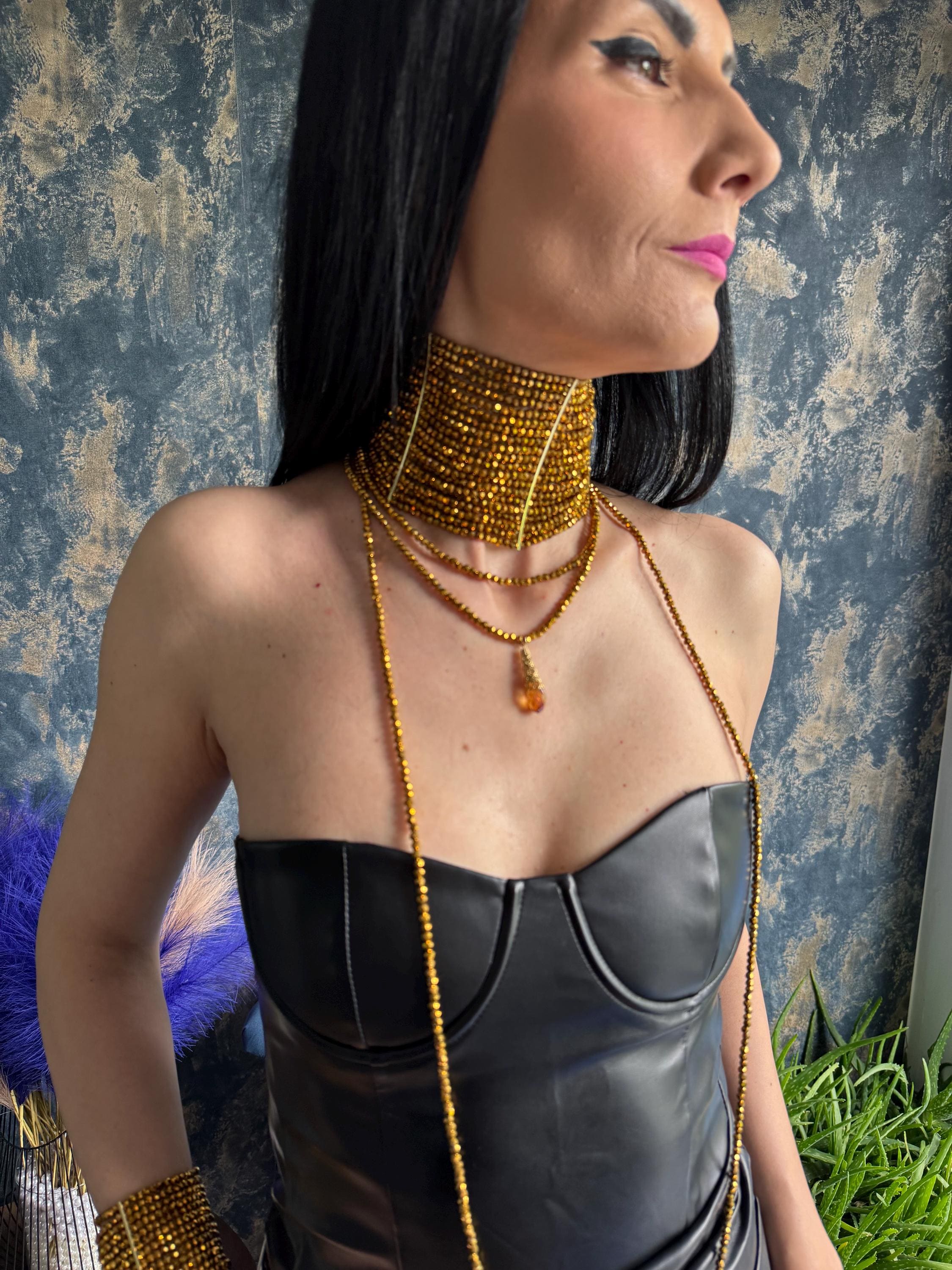 Gold Choker Necklace Beaded Women Statement Wide Collar Chunky Crystal Bead Jewelry Bold Runway Fashion Maximalist Style Perfect Gift Her Birthday Party Celebration Special Event Adjustable Length Faceted Glass Design Boho Chic Accessory