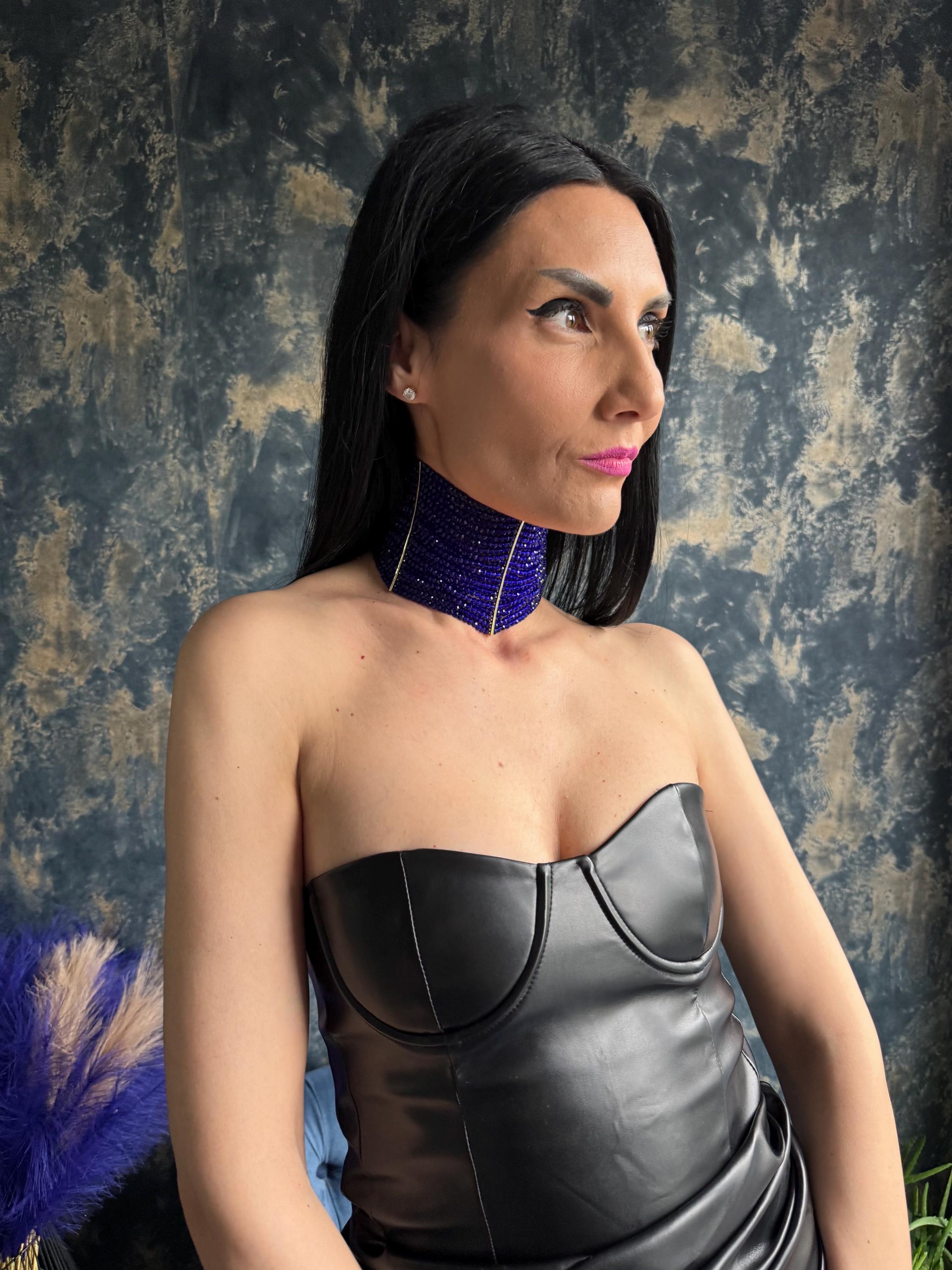 Royal Blue Statement Bold Trendy Choker, Elegant Modern Formal Collar, Eye Catching Multi Strand Wide Necklace, Chunky Tick Shiny Jewelley