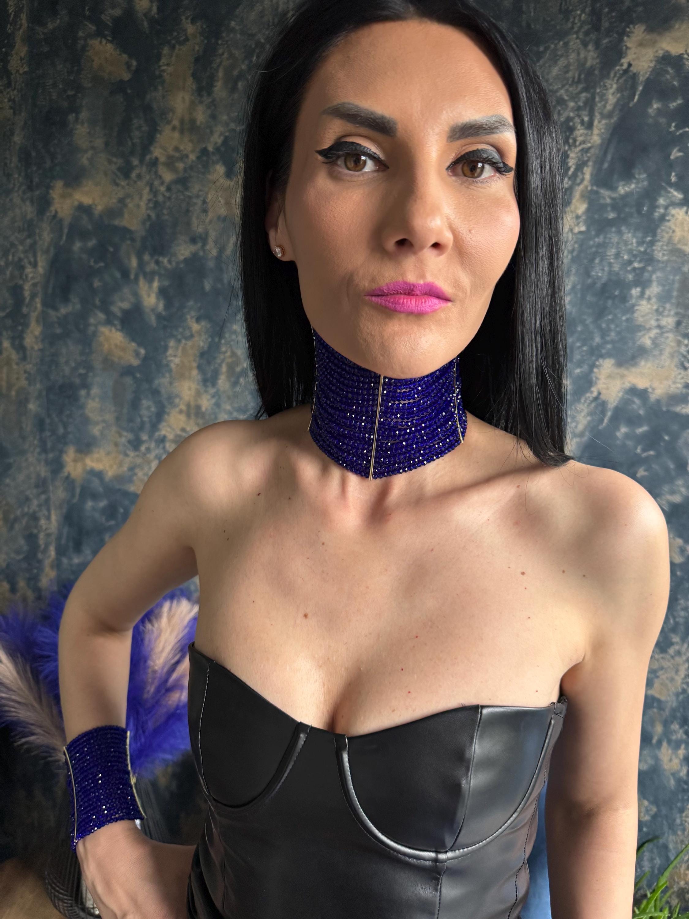 Royal Blue Statement Bold Trendy Choker, Elegant Modern Formal Collar, Eye Catching Multi Strand Wide Necklace, Chunky Tick Shiny Jewelley