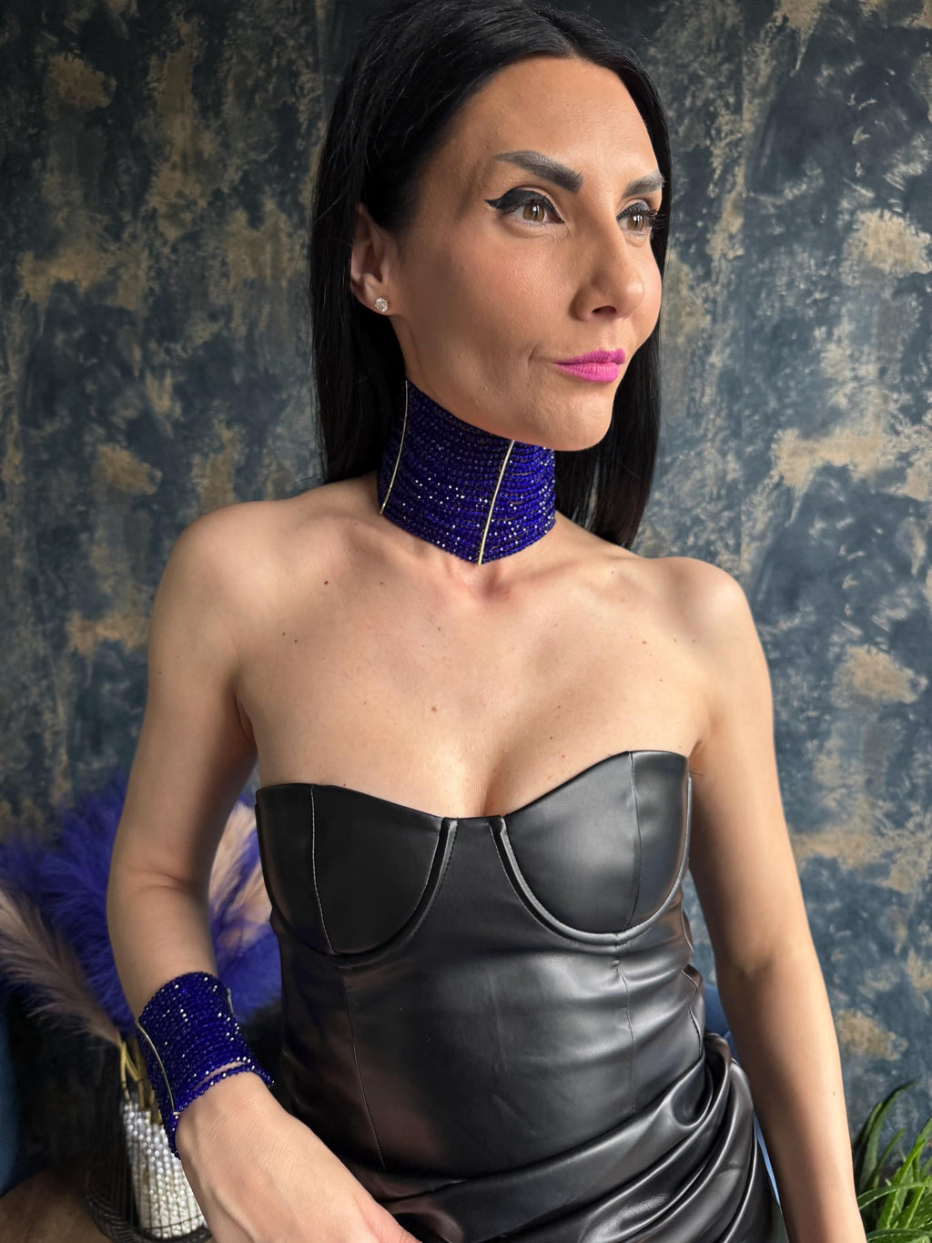 Royal Blue Statement Bold Trendy Choker, Elegant Modern Formal Collar, Eye Catching Multi Strand Wide Necklace, Chunky Tick Shiny Jewelley