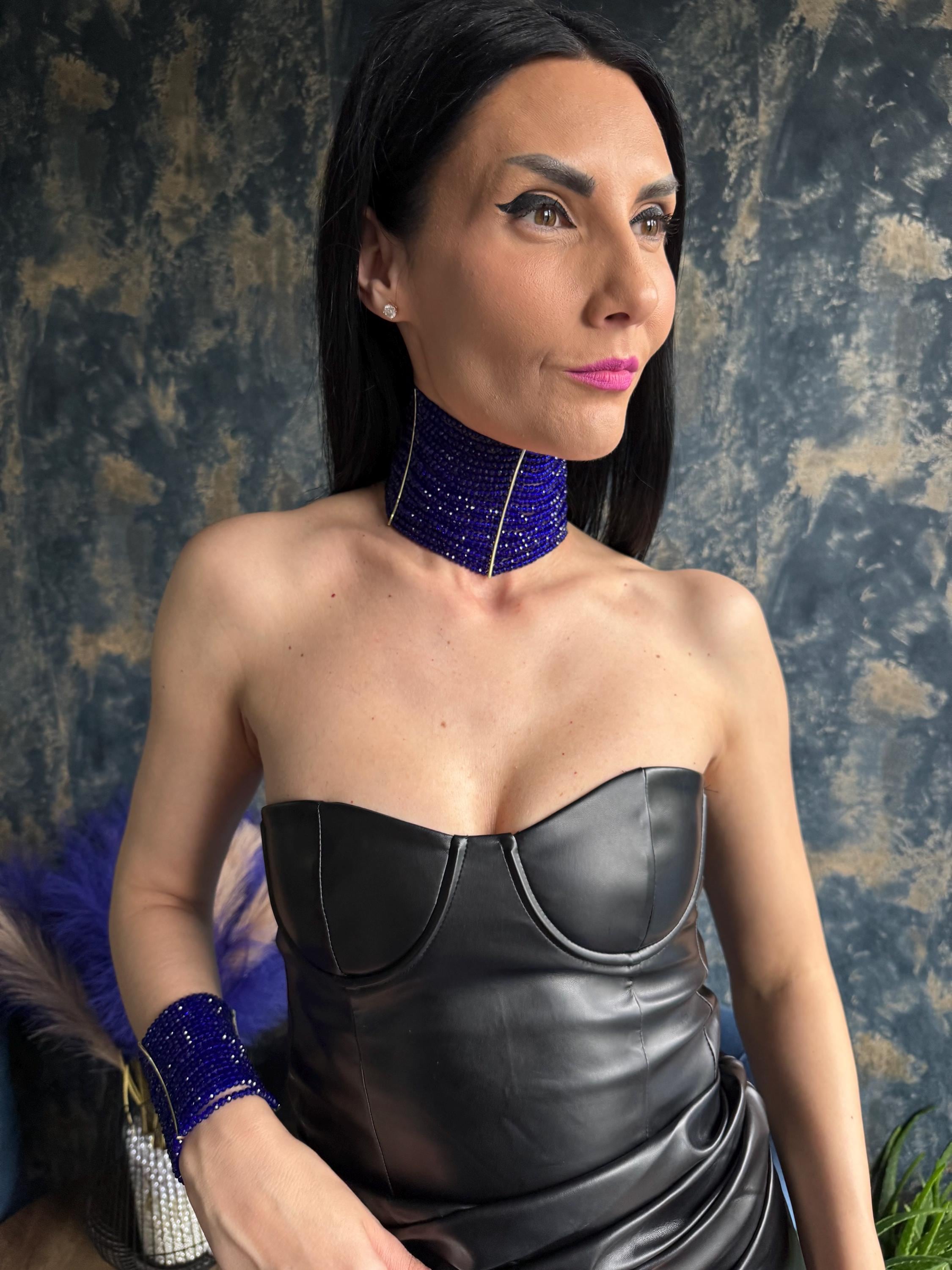 Royal Blue Statement Bold Trendy Choker, Elegant Modern Formal Collar, Eye Catching Multi Strand Wide Necklace, Chunky Tick Shiny Jewelley
