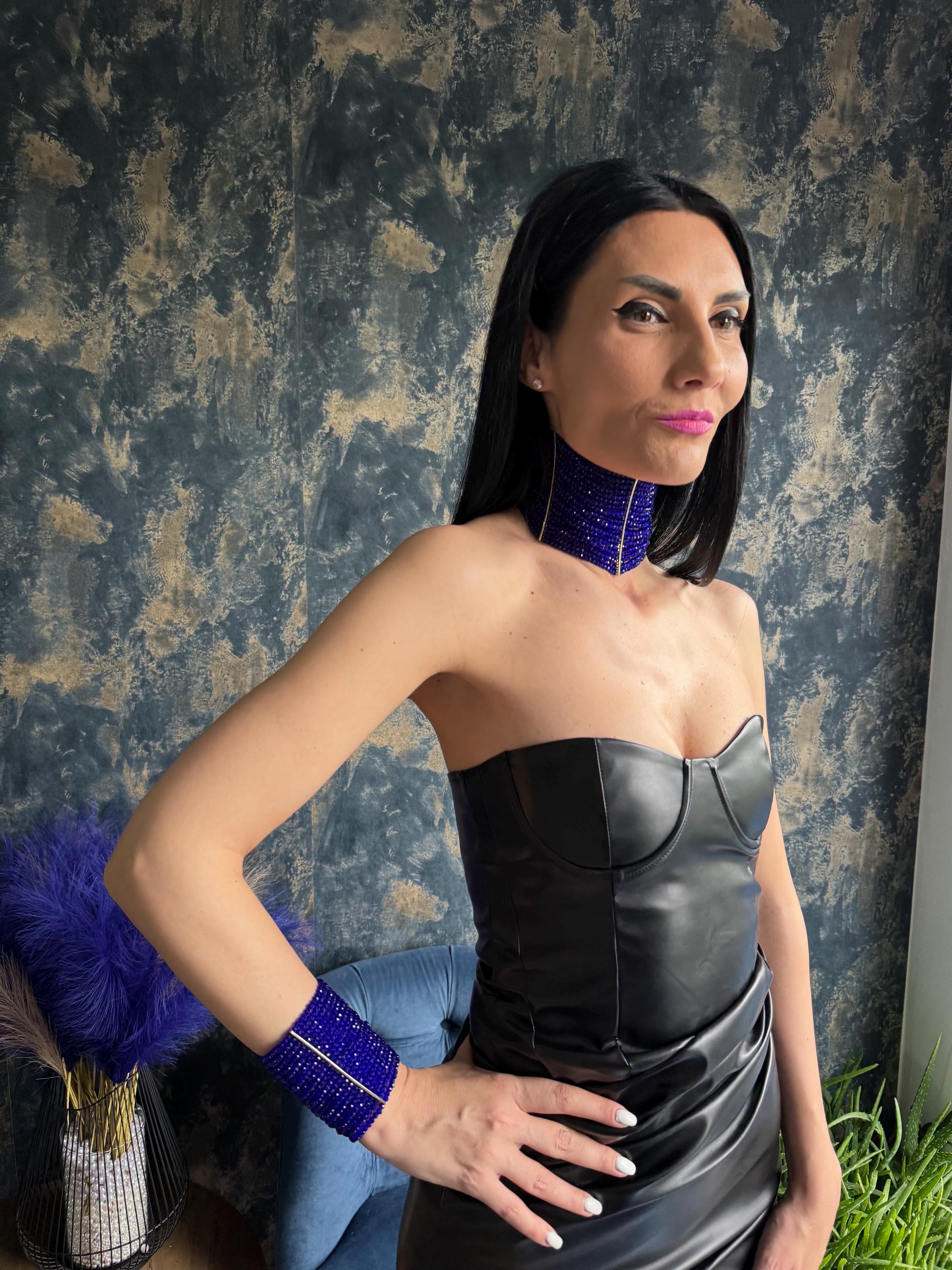 Royal Blue Statement Bold Trendy Choker, Elegant Modern Formal Collar, Eye Catching Multi Strand Wide Necklace, Chunky Tick Shiny Jewelley