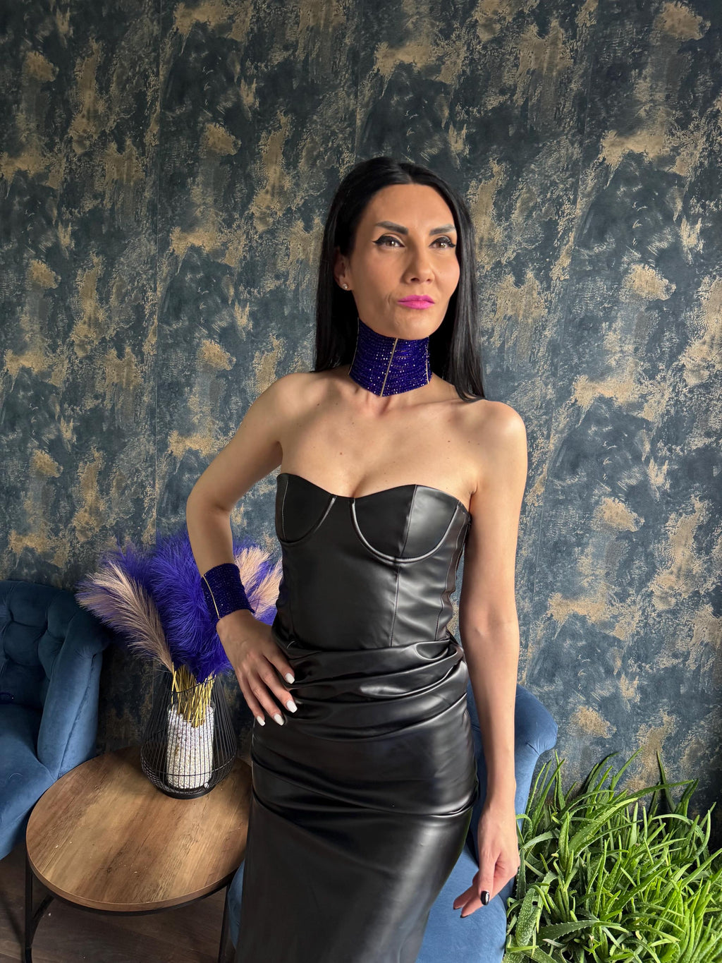 Royal Blue Statement Bold Trendy Choker, Elegant Modern Formal Collar, Eye Catching Multi Strand Wide Necklace, Chunky Tick Shiny Jewelley