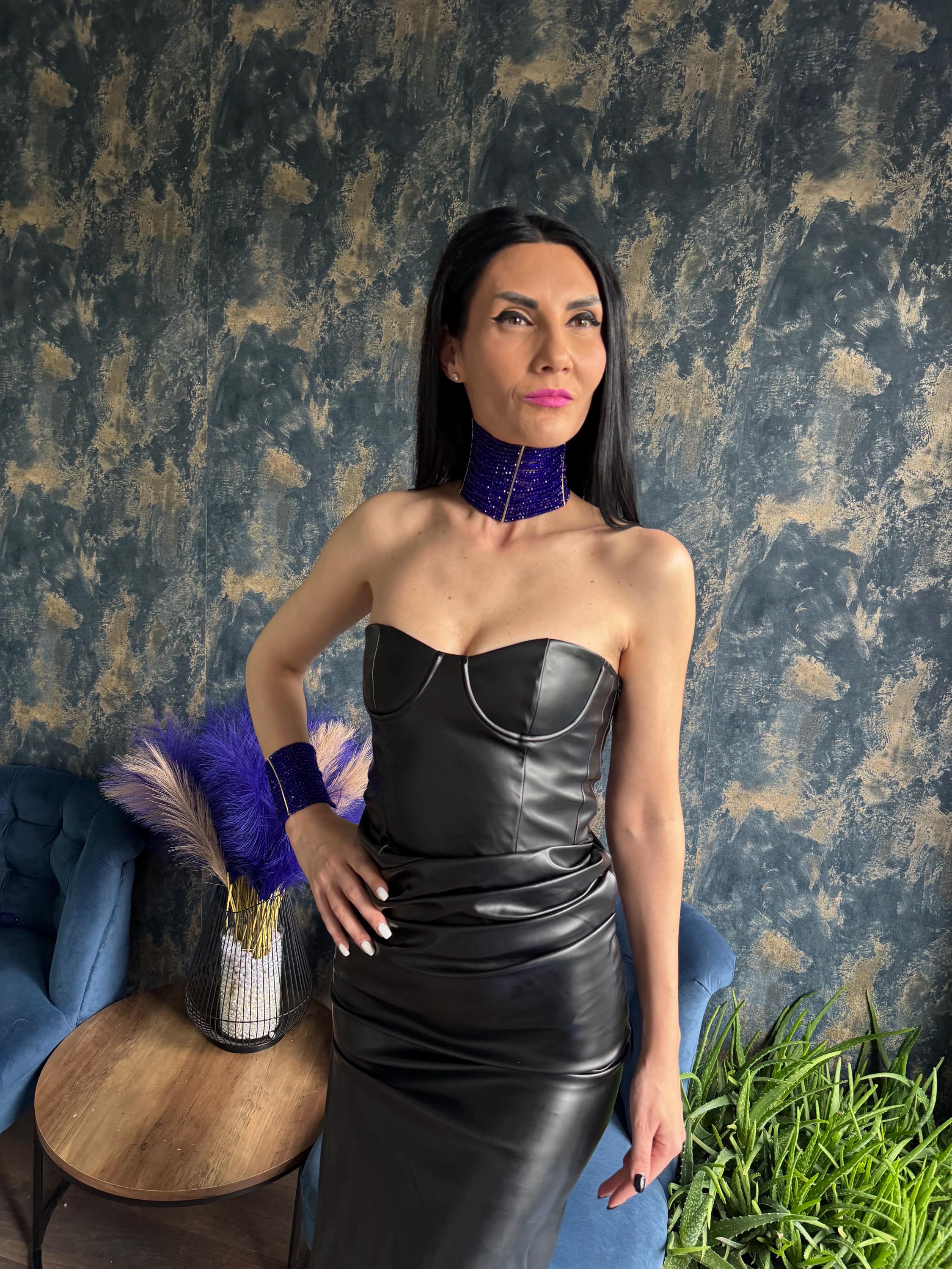 Royal Blue Statement Bold Trendy Choker, Elegant Modern Formal Collar, Eye Catching Multi Strand Wide Necklace, Chunky Tick Shiny Jewelley