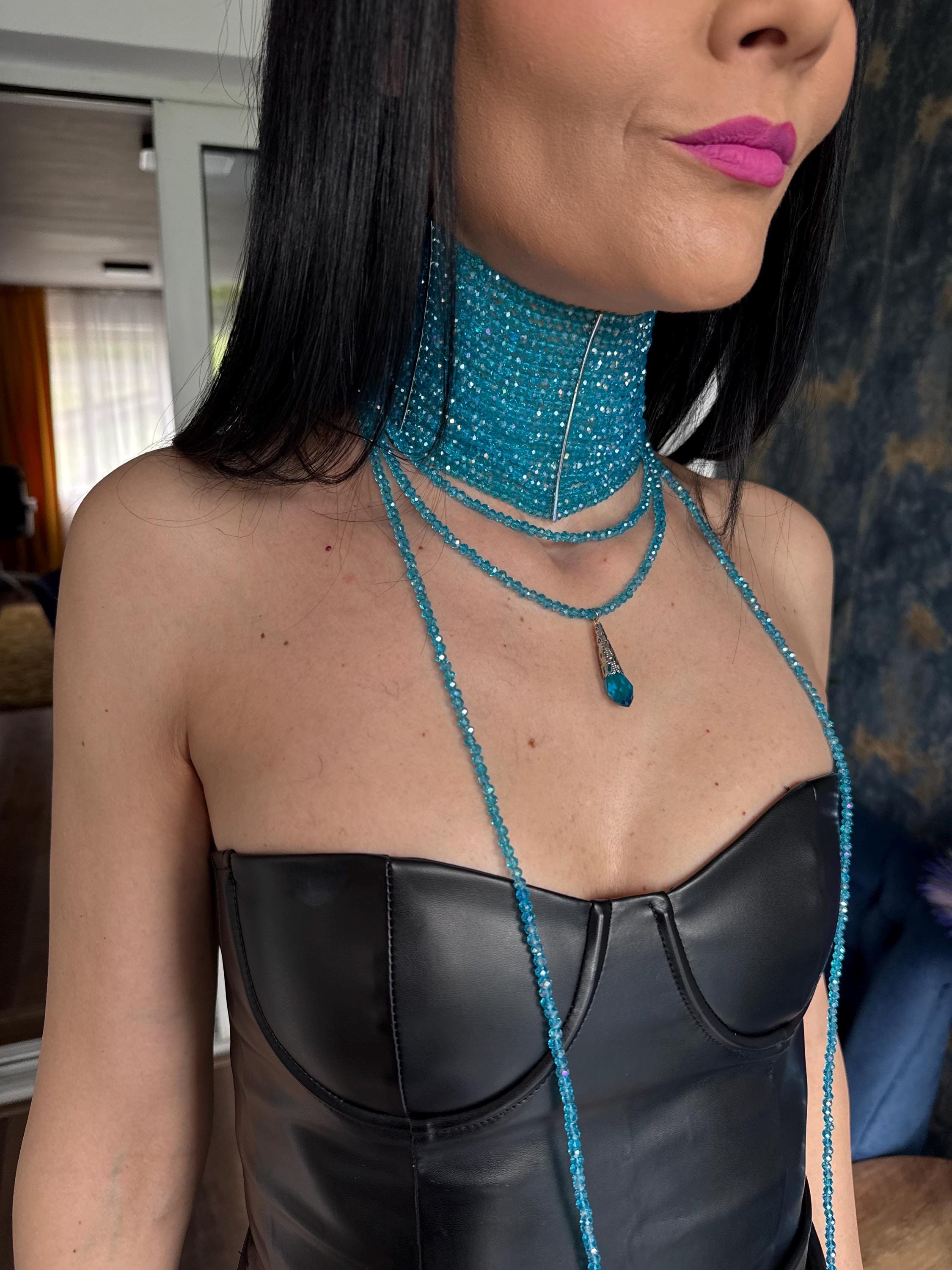 aquamarine choker blue crystal choker faceted bead choker beaded collar necklace statement choker glass bead necklace march birthstone something blue jewelry wide choker necklace handmade beaded jewelry layering necklace gift for her maximalist necklace